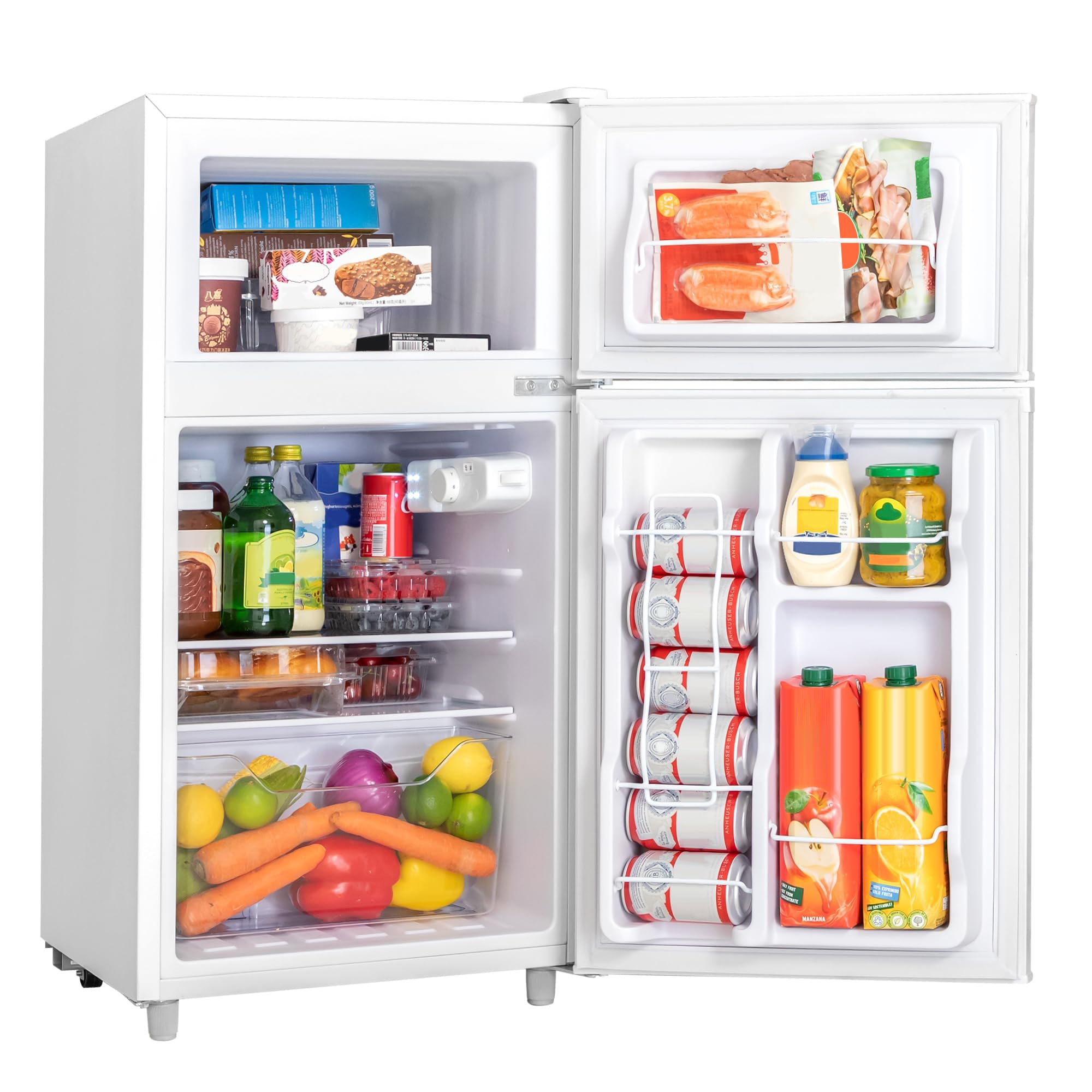 Manastin 3.5 Cu.Ft 2 Door Mini Fridge with Freezer, Small Refrigerator, 7 Level Adjustable Thermostat, Compact Fridge for Living Room, Dorm, Office, Kitchen and Apartment (Pearl White)