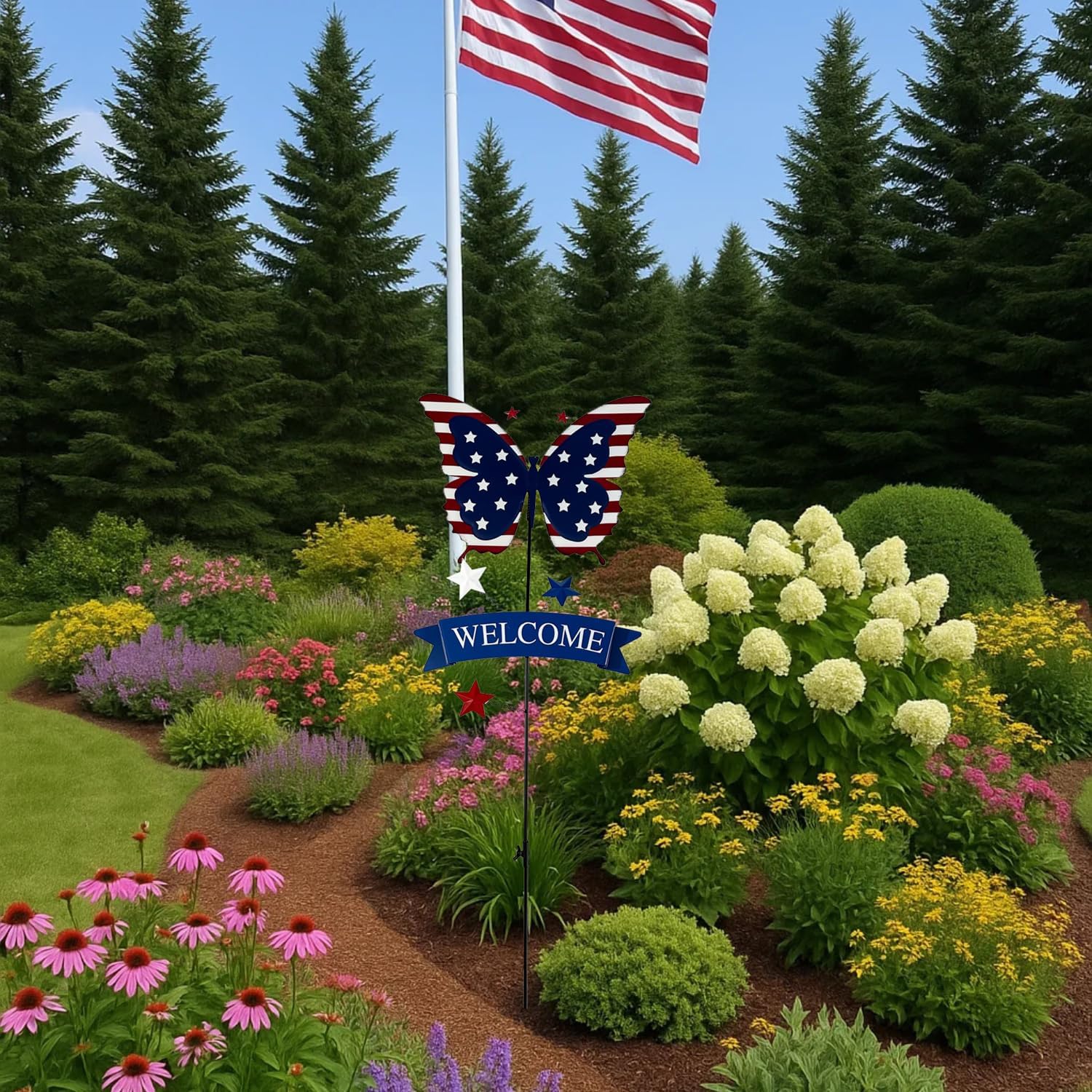 Metal Heart Garden Decorative Stakes, Patriotic Butterfly Yard Decor