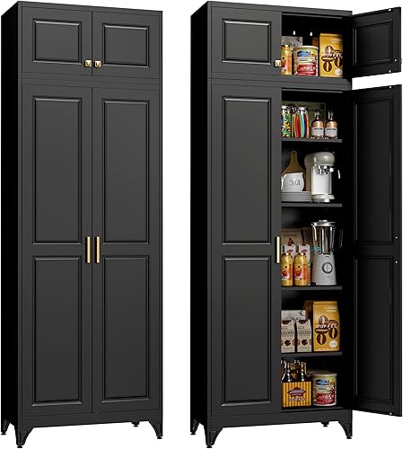 Miniatura 23 de Armario de almacenamiento de metal de 71 pulgadas de alto, armarios de almacenamiento de despensa de cocina con puertas y 4 estantes, armario de