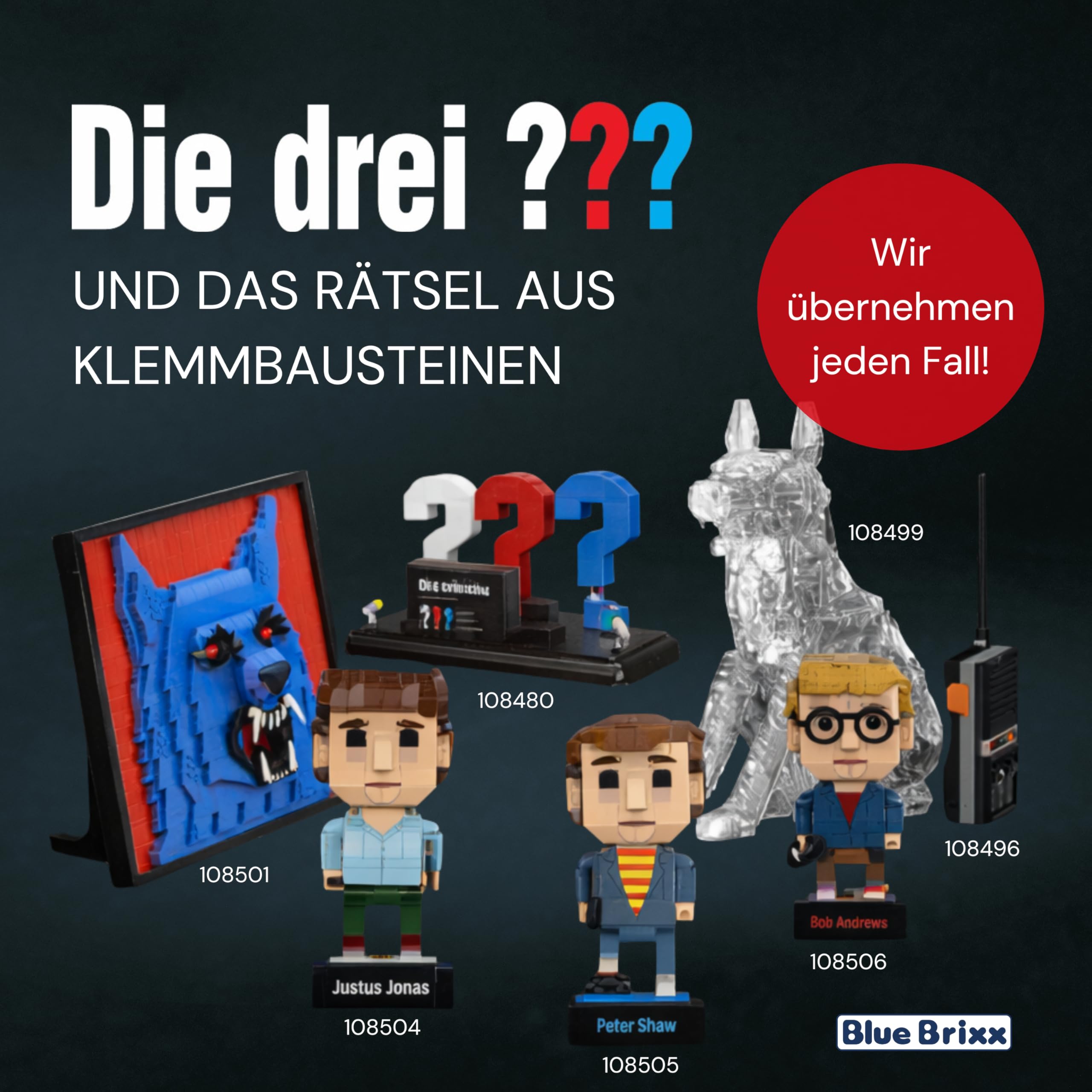 BlueBrixx Pro 108480 – Die DREI ???: 3D-Logo mit Visitenkarte aus Klemmbausteinen mit 200 Bauelementen