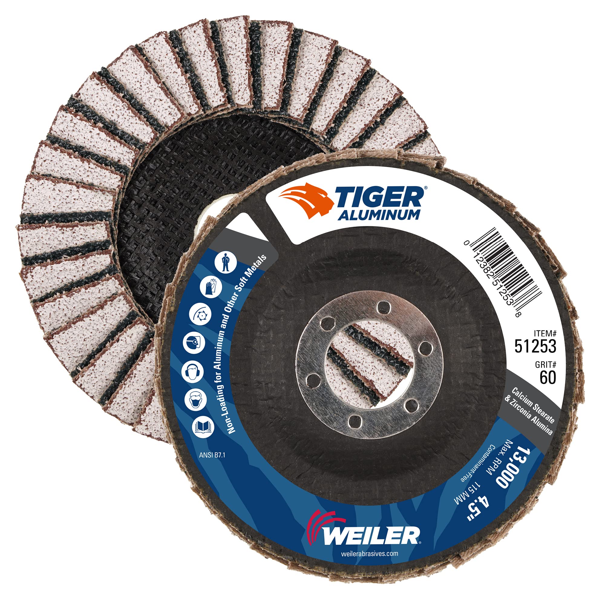 Weiler 51253 - Disco de aluminio con aleta (10 unidades, 4-1/2", plano (TY27), respaldo fenólico, 60 Z, agujero de eje de 7/8" (paquete de 10)