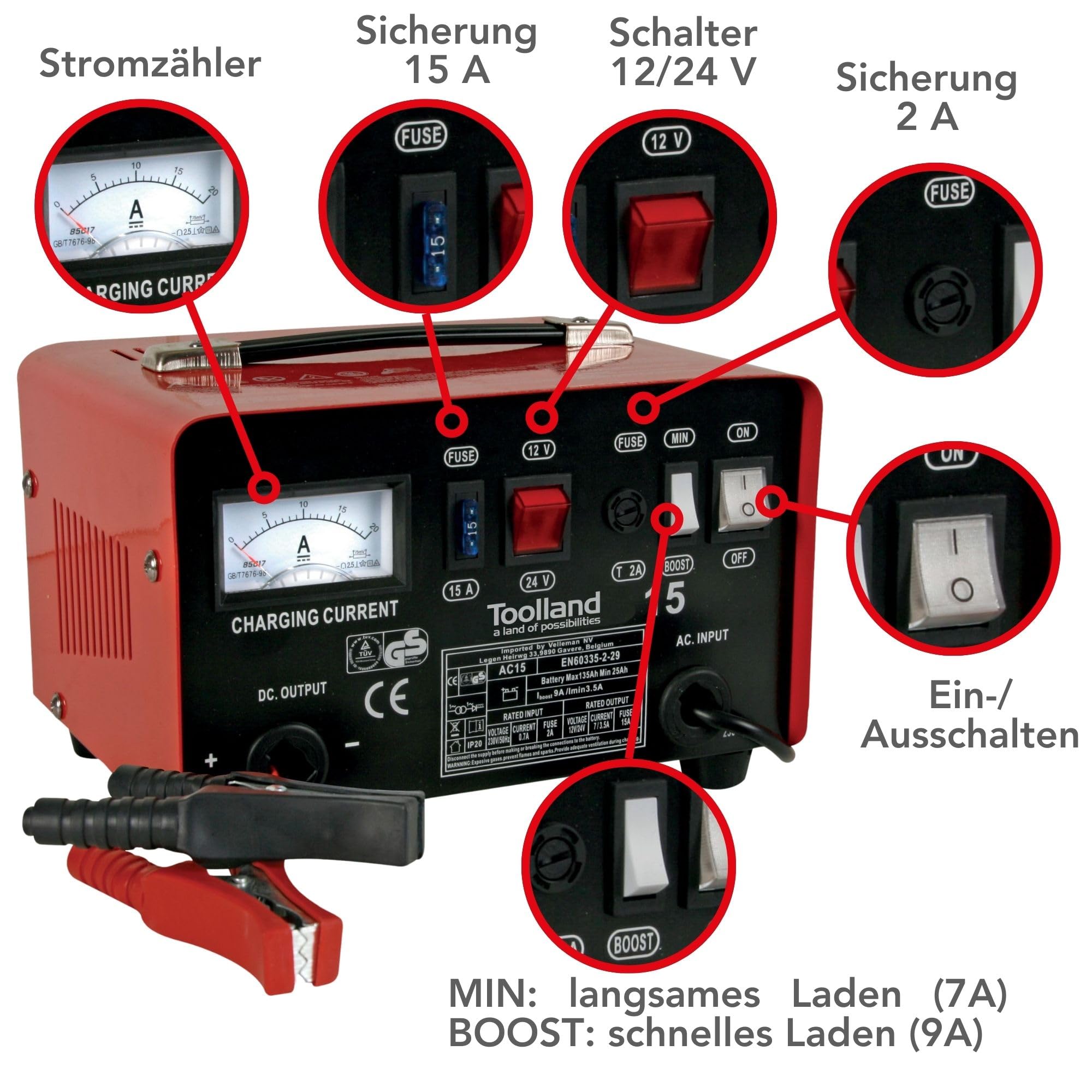 Toolland Batterieladegerät 12V 24V 7A, mit Starthilfe 9A, für Blei- und Gel-Akkus 25-135Ah, Amperemeter, Überlastschutz, Metallgehäuse, für Motorrad Traktor Auto Transporter kleines Boot