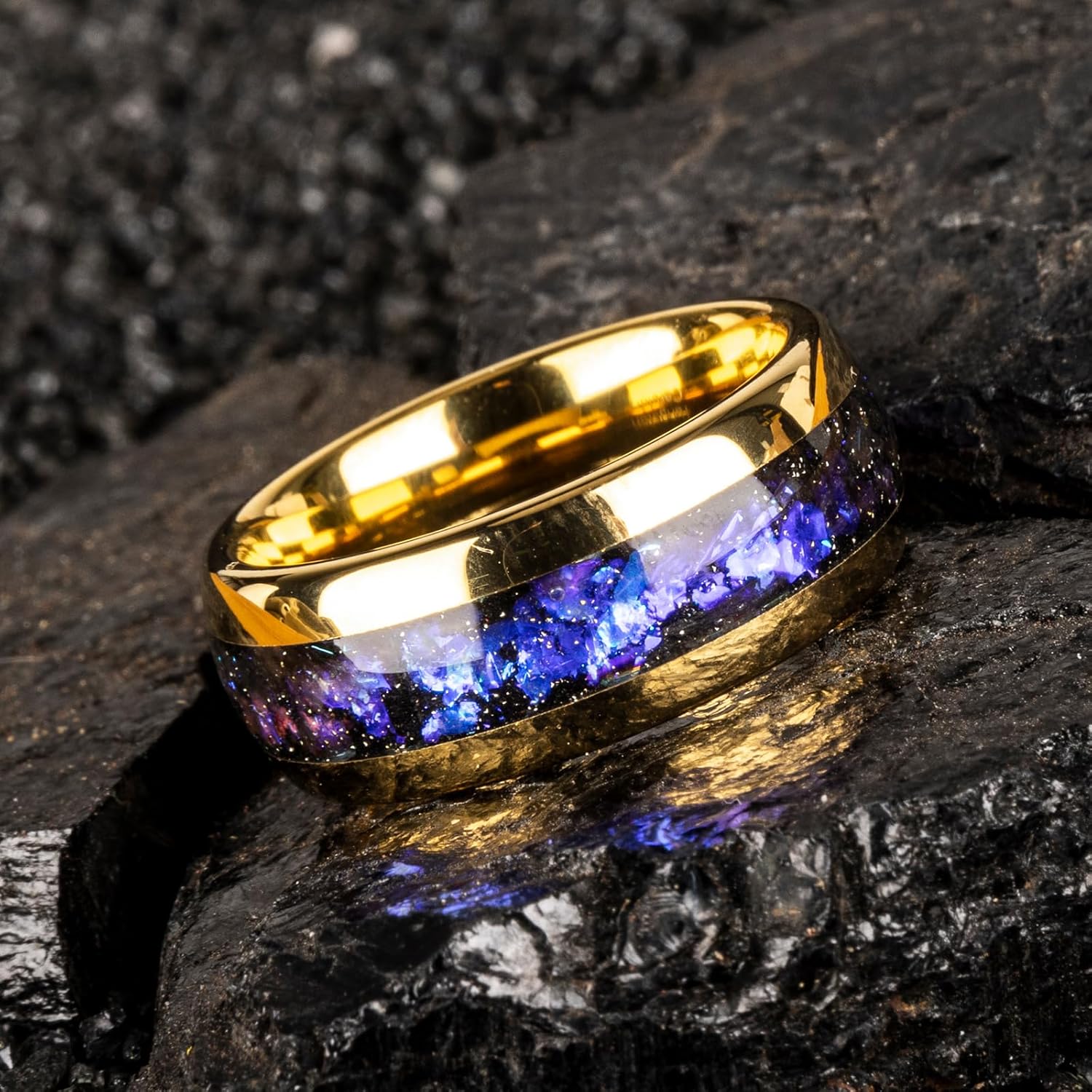 Tungsten Rings for Men Womens 8mm Black Fashion Promise Wedding Band Hammered Groove Meteorite Orbo Carbide Beveled Polished Edge Comfort Fit - Image 4