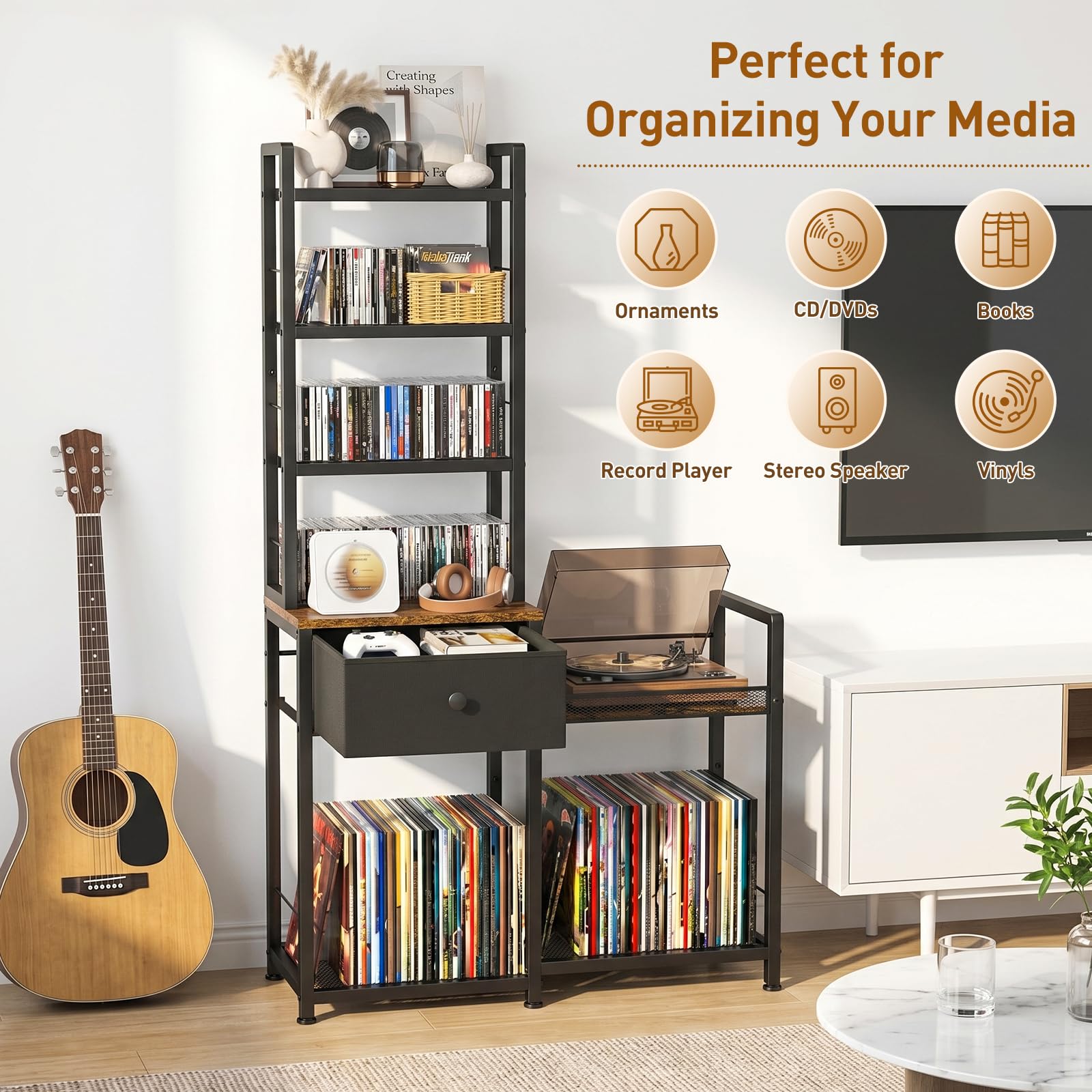 ikkle CD-Regal mit Schallplatten Regal – 7 Stufen DVD Regal mit Schublade & Plattenspielerständer, für 150 DVDs oder 300 CDs, 75 Schallplatten, Bücher, CD-Ständer für Wohnzimmer, Schlafzimmer & Büro