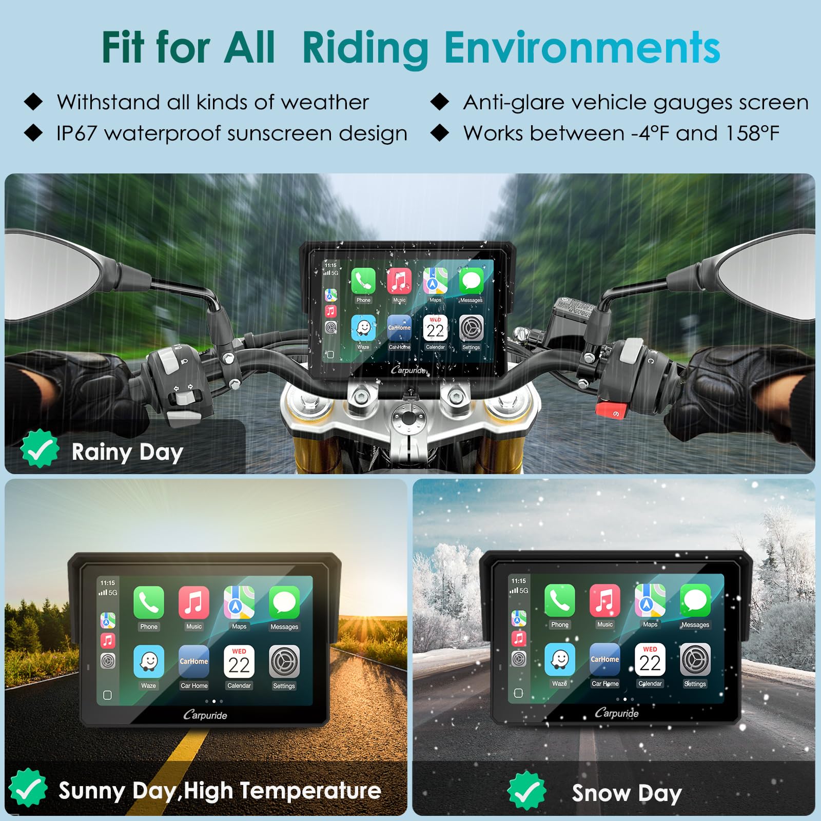 Carpuride W502S PRO per moto wireless Carplay/Android Auto, Touchscreen Impermeabile da 5", con Supporto BM05, Bluetooth Trans, Controller Cablato, Navigazione