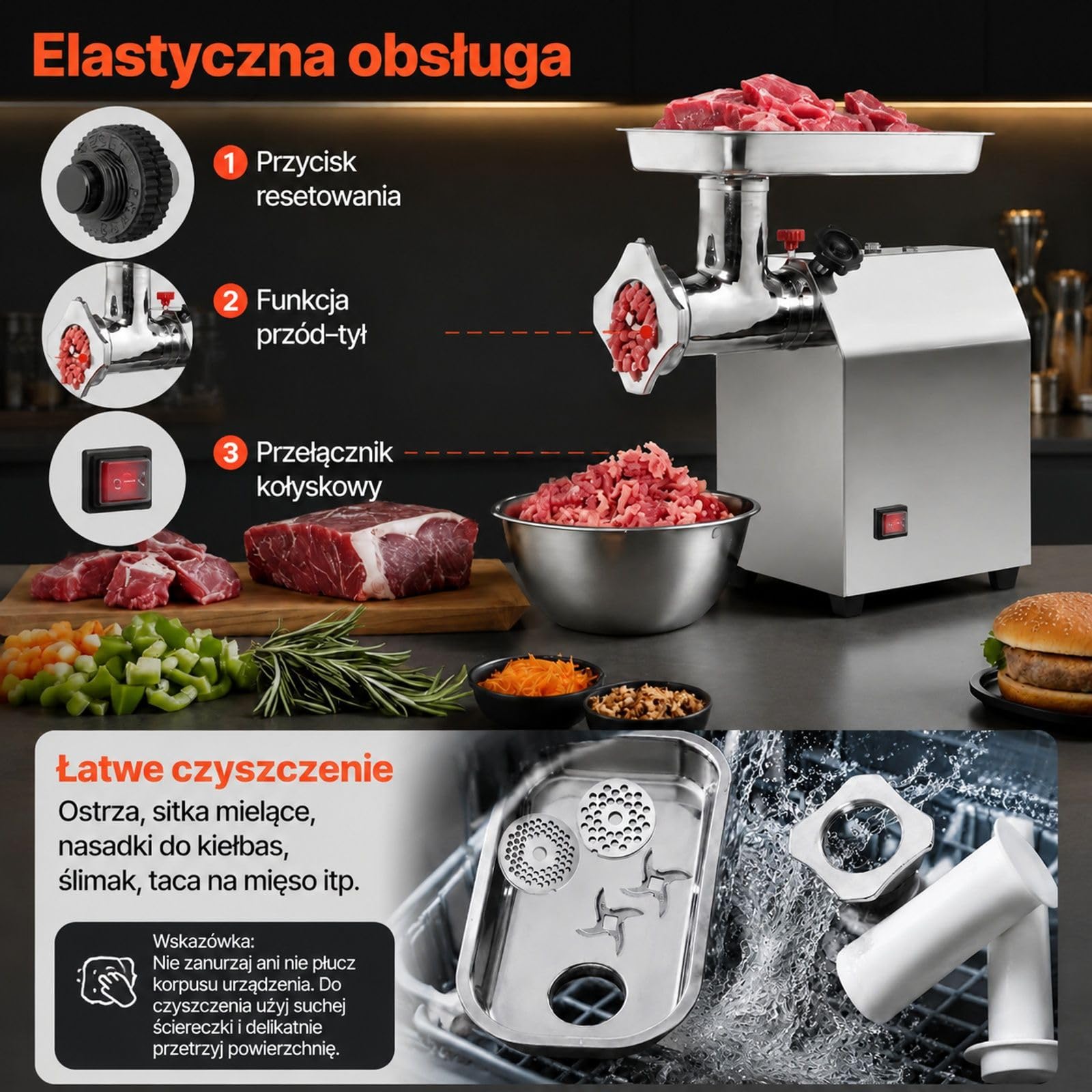 Elektryczna maszynka do mięsa ze stali nierdzewnej na blat, 1100 W, z 2 ostrzami, 2 płytkami mielącymi i nadziewarką do kiełbas do kuchni i restauracji