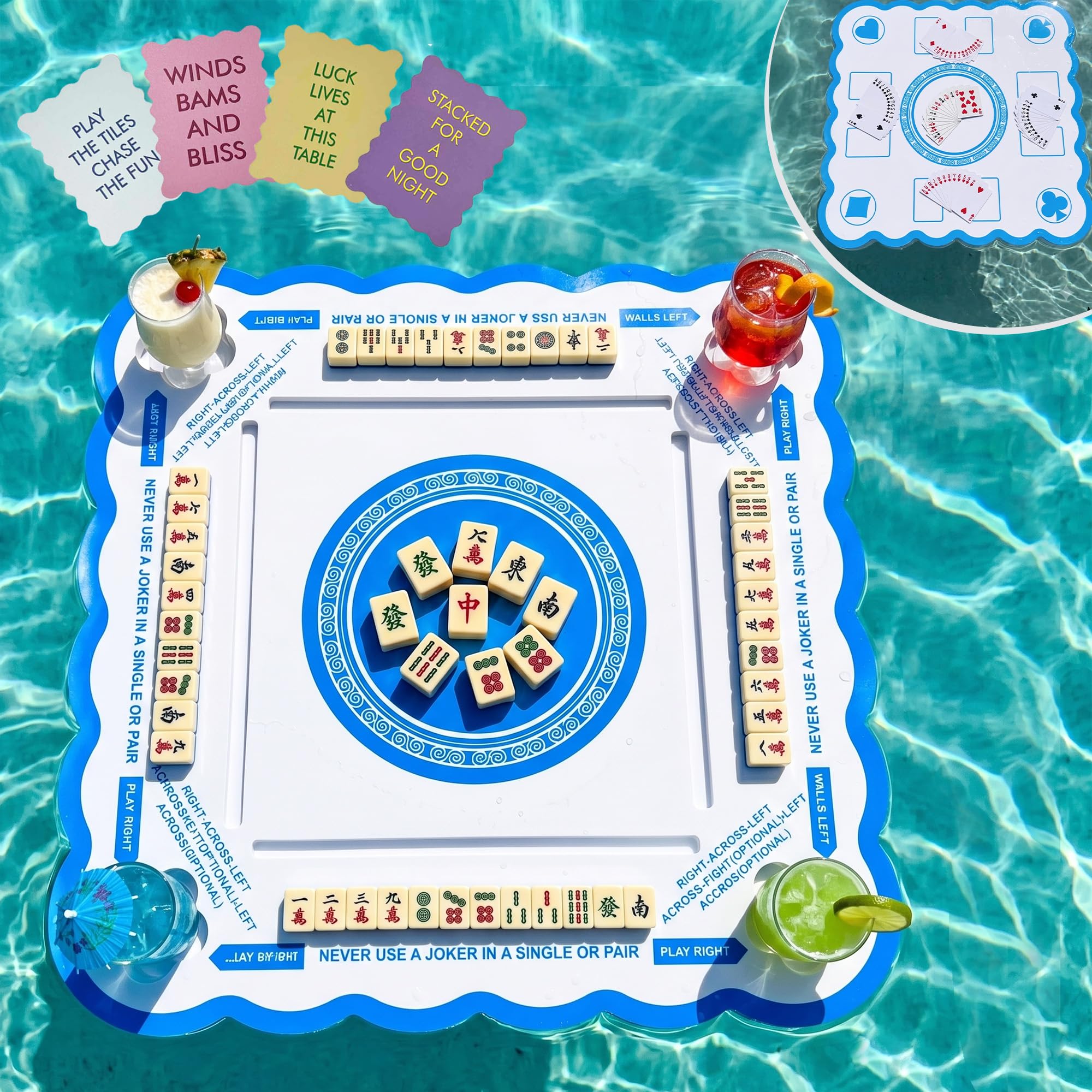 floating mahjong table for pool, double-sided waterproof game tray for mahjong, poker, cards & dominoes - portable water float board for adults, hot tub, beach and summer pool parties