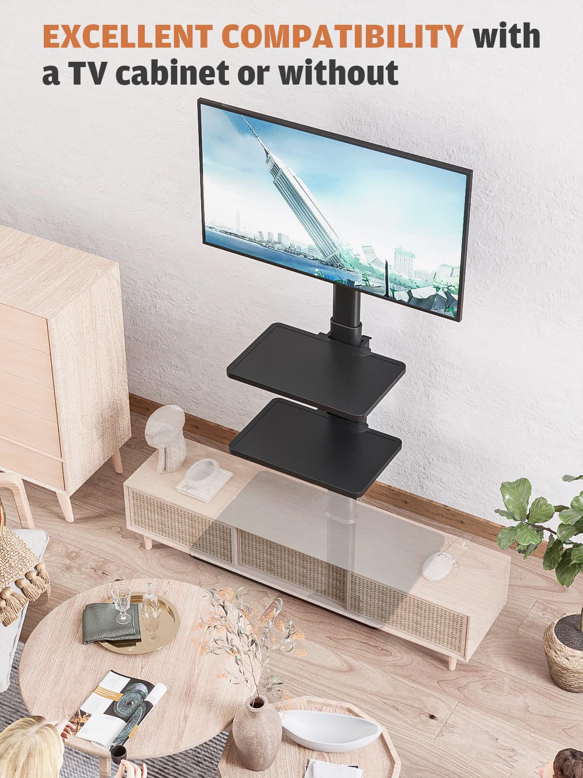 Soporte universal de suelo para TV para pantallas planas de 19 a 43 pulgadas, giro de 100 grados, altura e inclinación ajustables, 3 estantes que ahorran espacio, para dormitorio o sala de estar