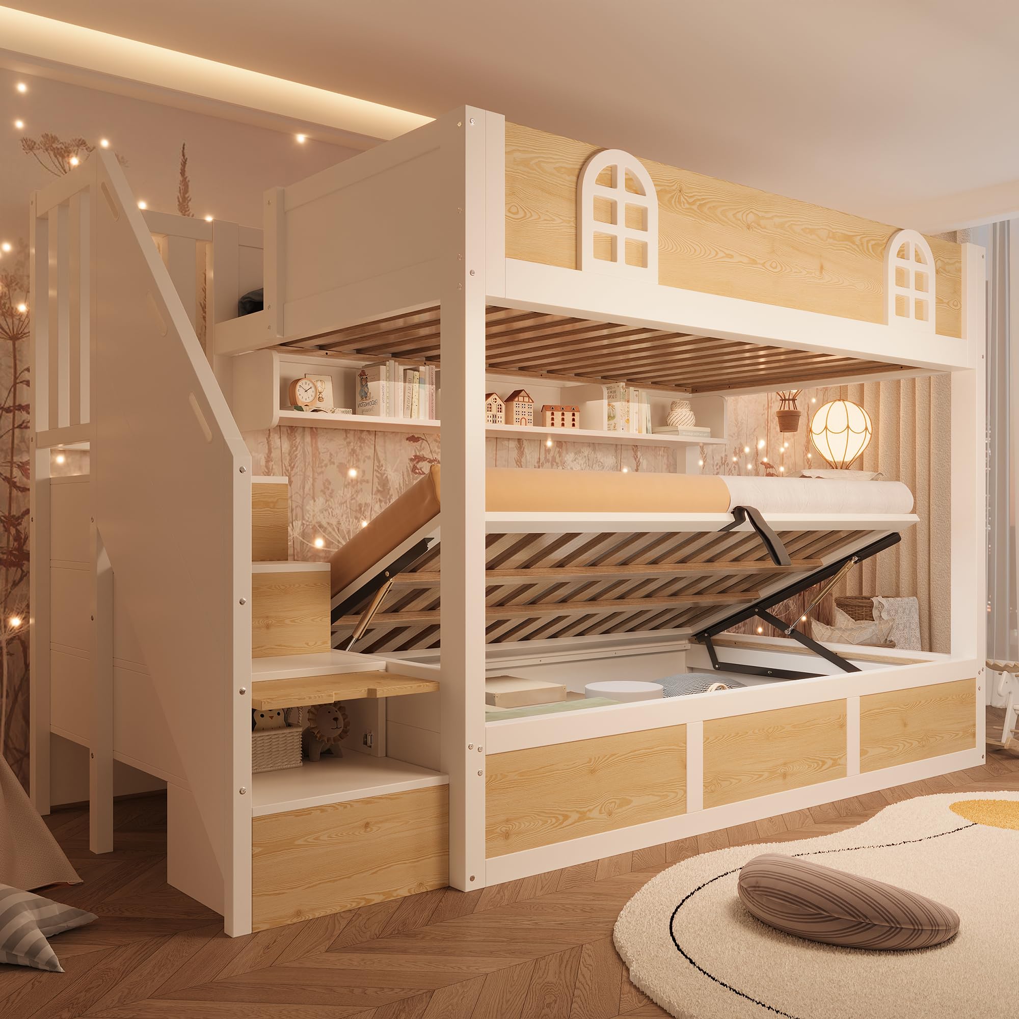 Dolamaní Letto a castello in legno 90 x 200 cm per 2 persone, con spazio di archiviazione idraulico, scala, reti a doghe e protezione anti-caduta, senza materasso (bianco + naturale B)