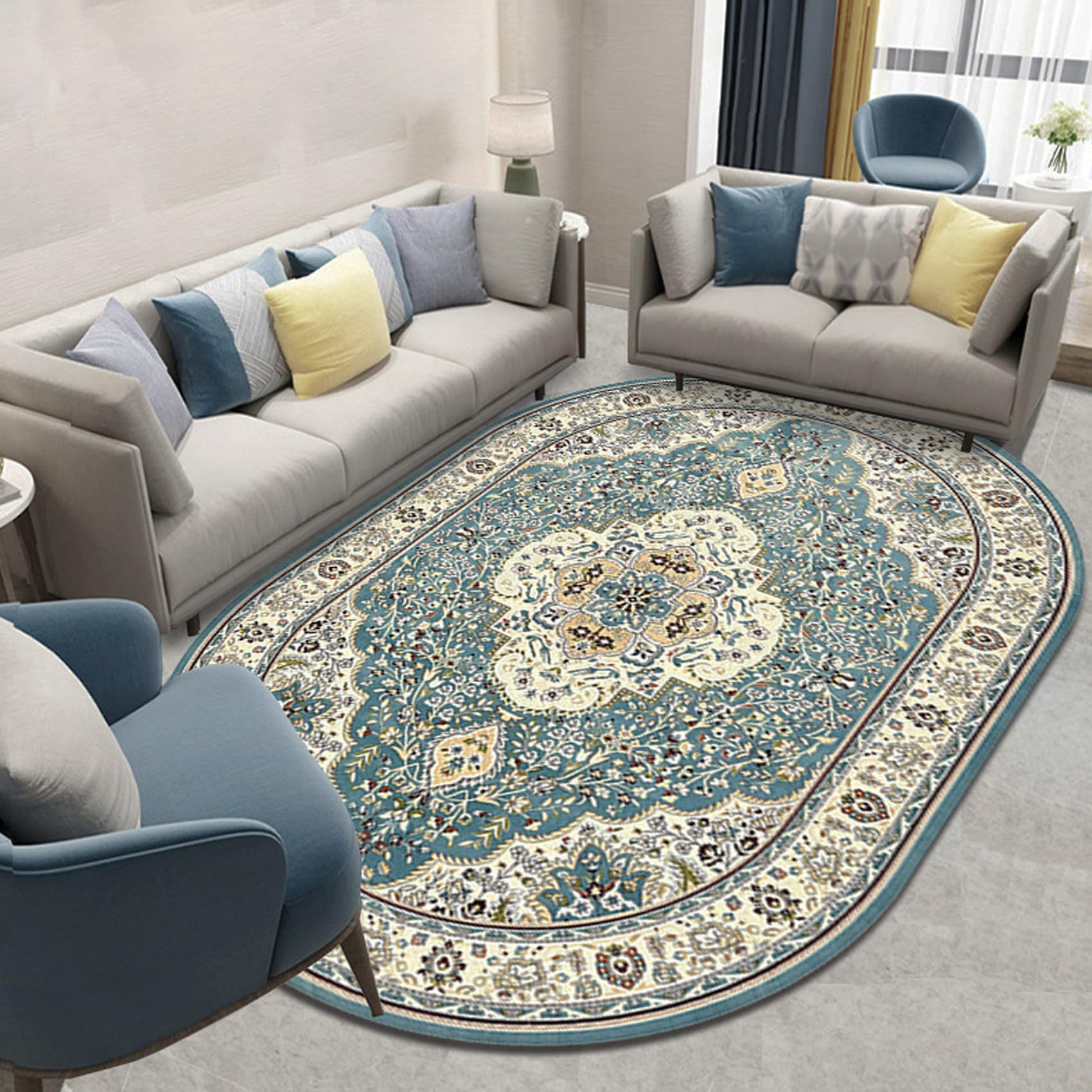 Ovale Tappeto Moderno Salotto interno Esterno Terazzo Balcone, Tappeto da pavimento, Vintage Oriental Beige Crema Verde Floreale Motivi, verde acqua, 140 x 200 cm