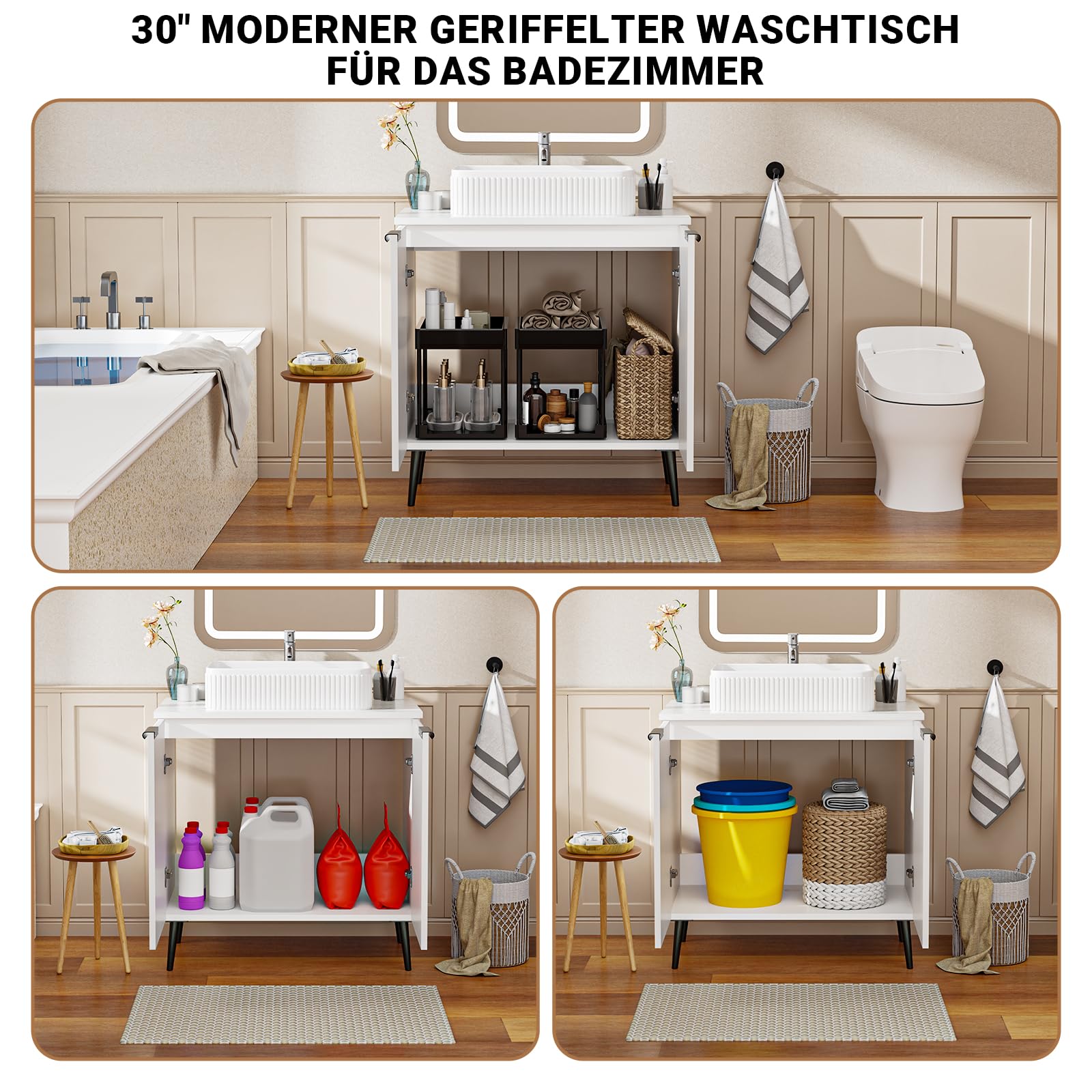 Badmöbel Set Waschbecken mit Unterschrank 75 cm Breit, Freistehend Waschtisch mit Unterschrank, Gäste-WC & Bad, Soft Close Türen, Wellen-Design, Marmorierte Waschtischplatte, Keramikwaschbecken
