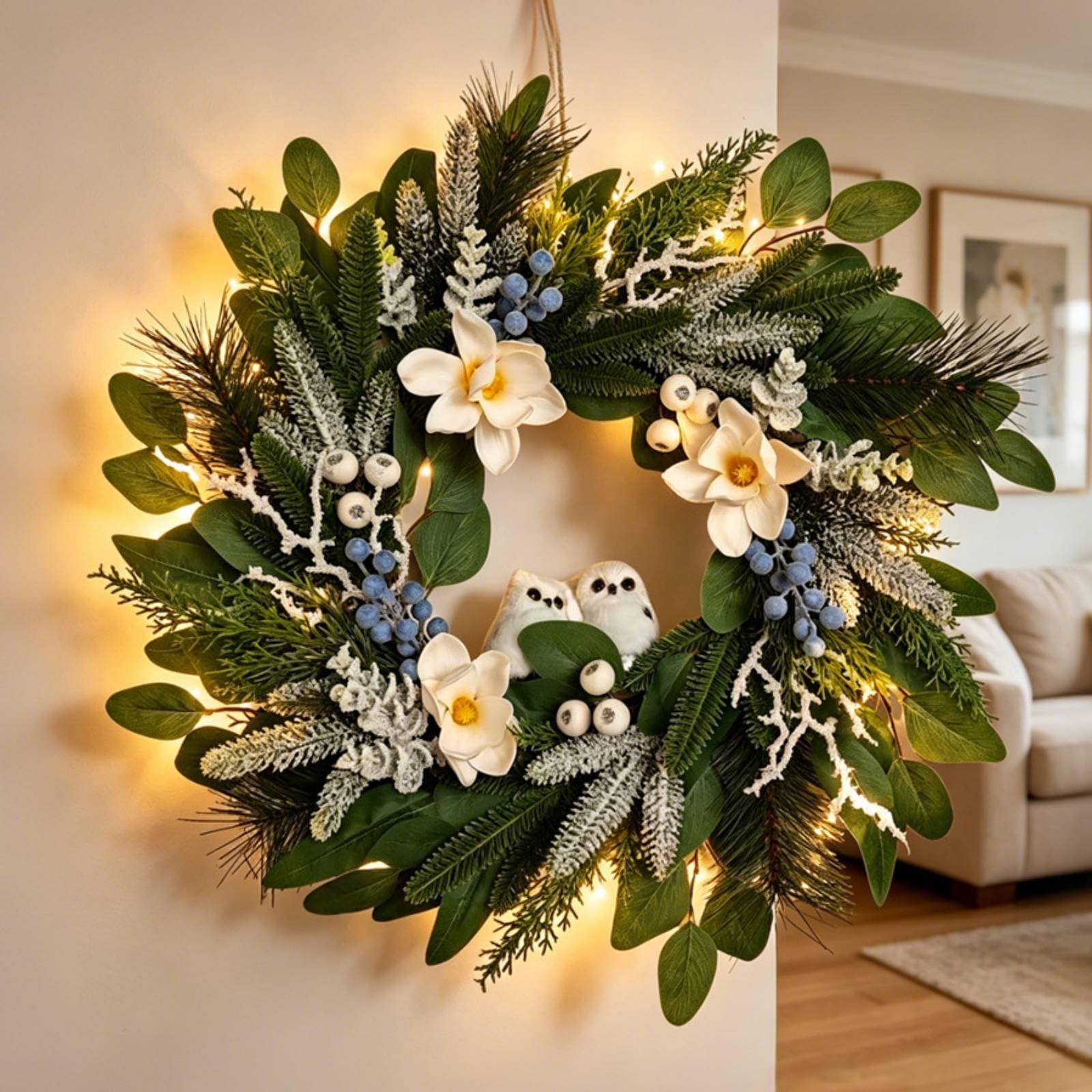 F Fityle Guirnalda para Puerta Guirnalda Corona Adorno Navideño Arreglo con Frutas Decorativas y Flores Suaves de Tela Seda, Guirnalda De Flores con Búhos