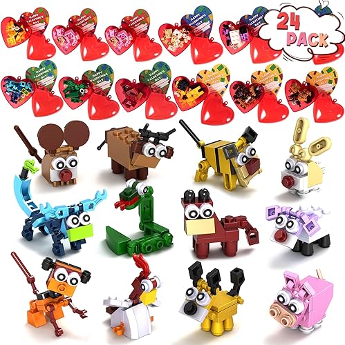 Paquete de 24 regalos para el día de San Valentín para niños, corazones en el aula con bloques de construcción de animales con tarjetas del día de