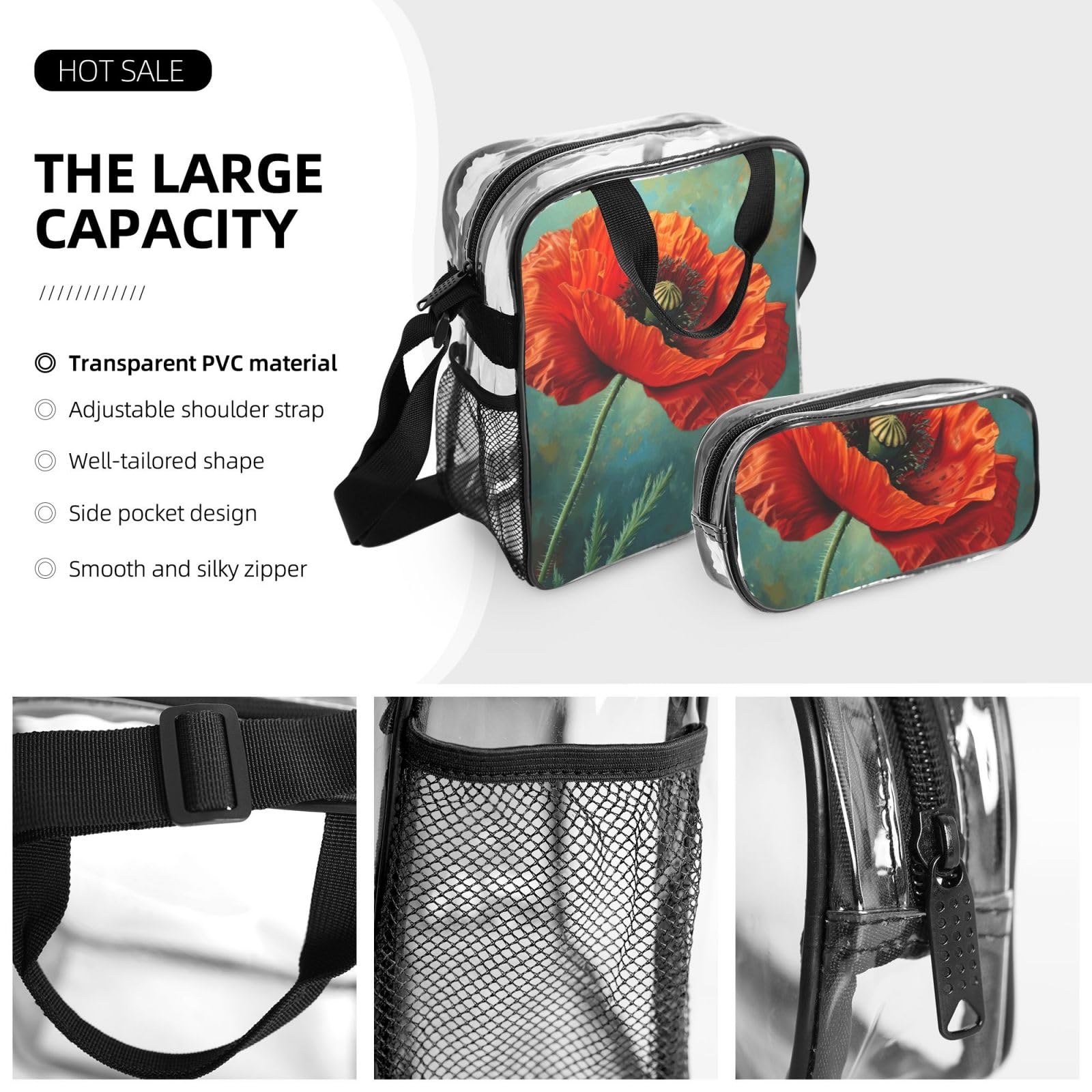 Poppy Flower Print 3-częściowy przezroczysty plecak zestaw do podróży na świeżym powietrzu przygody wakacje przezroczysta torba