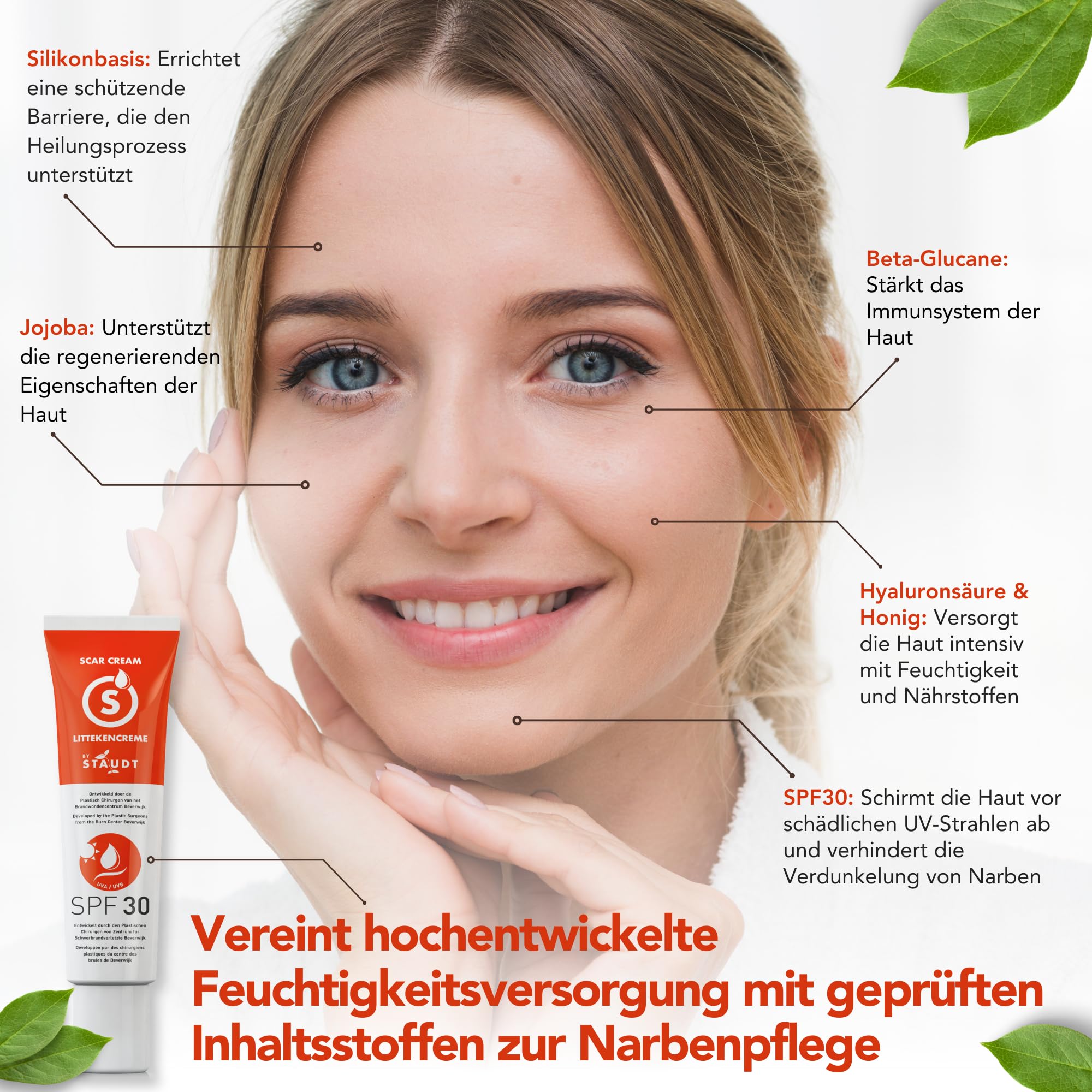 Staudt Narbensalbe SPF30 - Fortgeschrittene Silikon-Gel-Creme für Chirurgische & Alte Narben - Hydratisierende Wund- und Heilsalbe mit Honig & Jojoba - UV-Schutz & Hautbarriere-Reparatur - 40ml