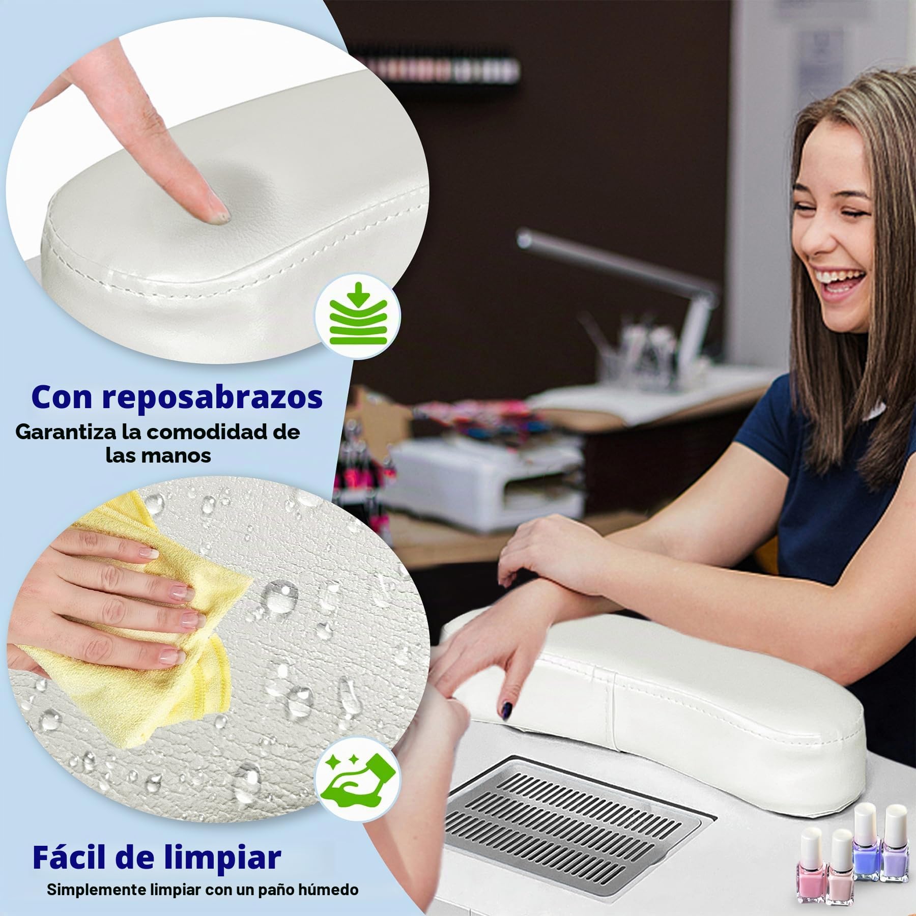 Froadp Mesa de Manicura Plegable Con Aspiradora, Móvil de Estudio Con Ruedas, Cojín para Manos, Cajón y Bolsa de Almacenamiento para Salón de Belleza (Blanco)