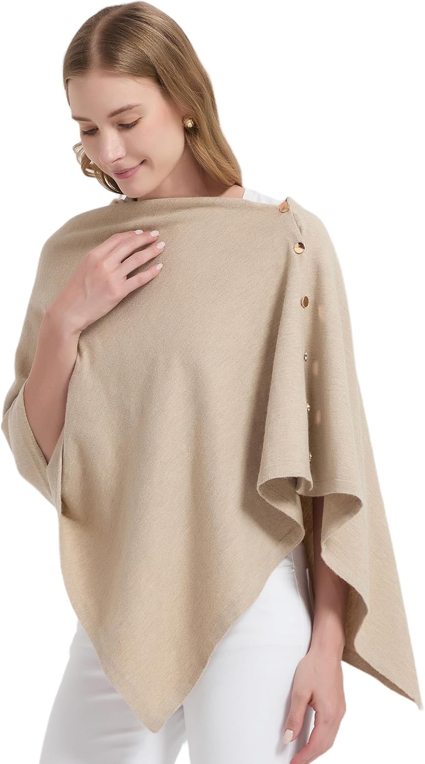 Wool Blend Poncho Wrap – Lightweight Buttoned Shawl for Women