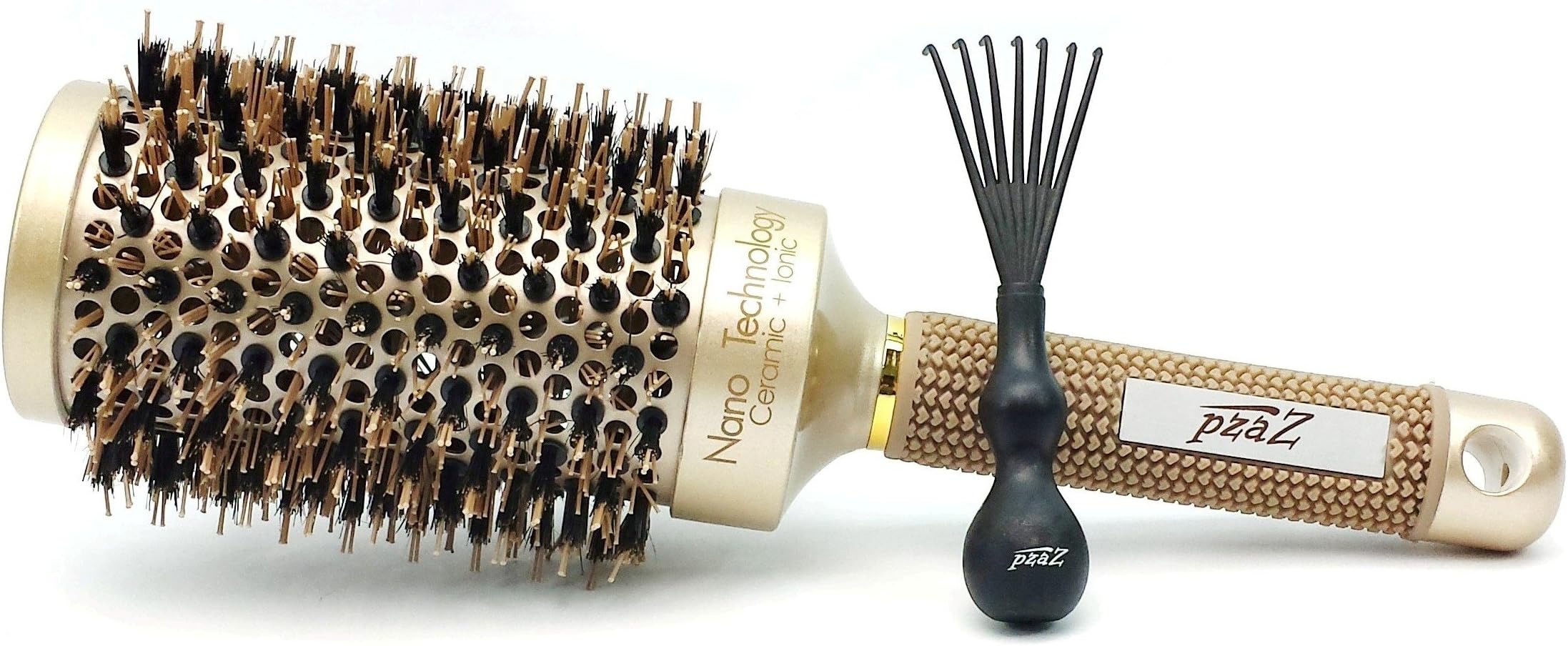 Round Hair Brush by pzaZ | Boar Bristles + Ceramic Ionic + Straighten, Curl, Add Volume + 3" barrel including bristles + BONUS Brush Cleaner