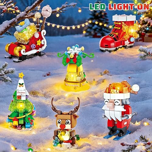 Miniatura 6 de Juego de adornos de Navidad con luz LED, 6 paquetes de botas de árbol de sants de Navidad, gingerbell reno y trineo, juguetes de construcción,