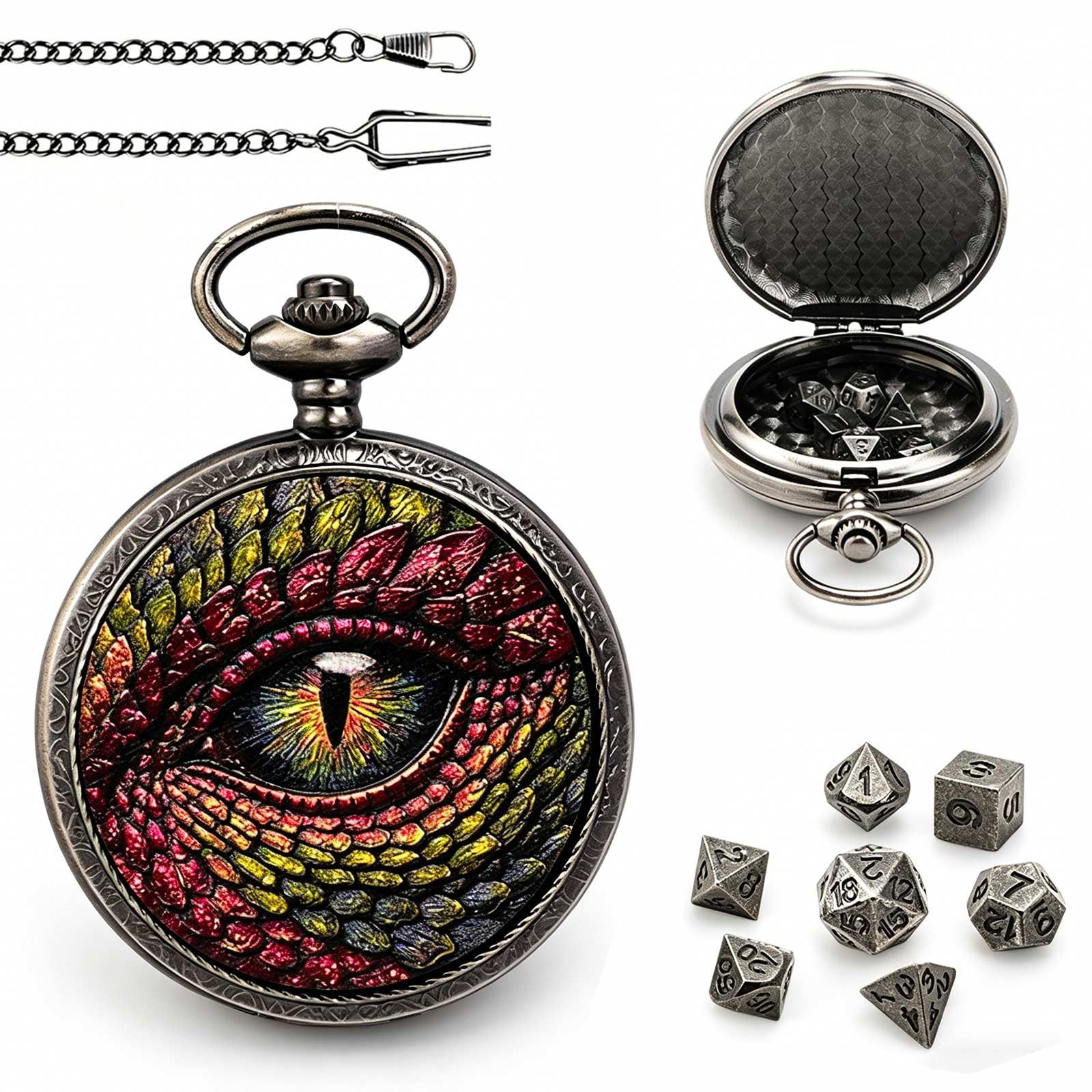 DragonSword DND Dice Set with Pocket Watch Case, Portable Metal Dice Set Compatible with Dungeons and Dragons, 7PCS Mini Dice, RPG Role Playing Board Games Accessories (Dragon Eye A)