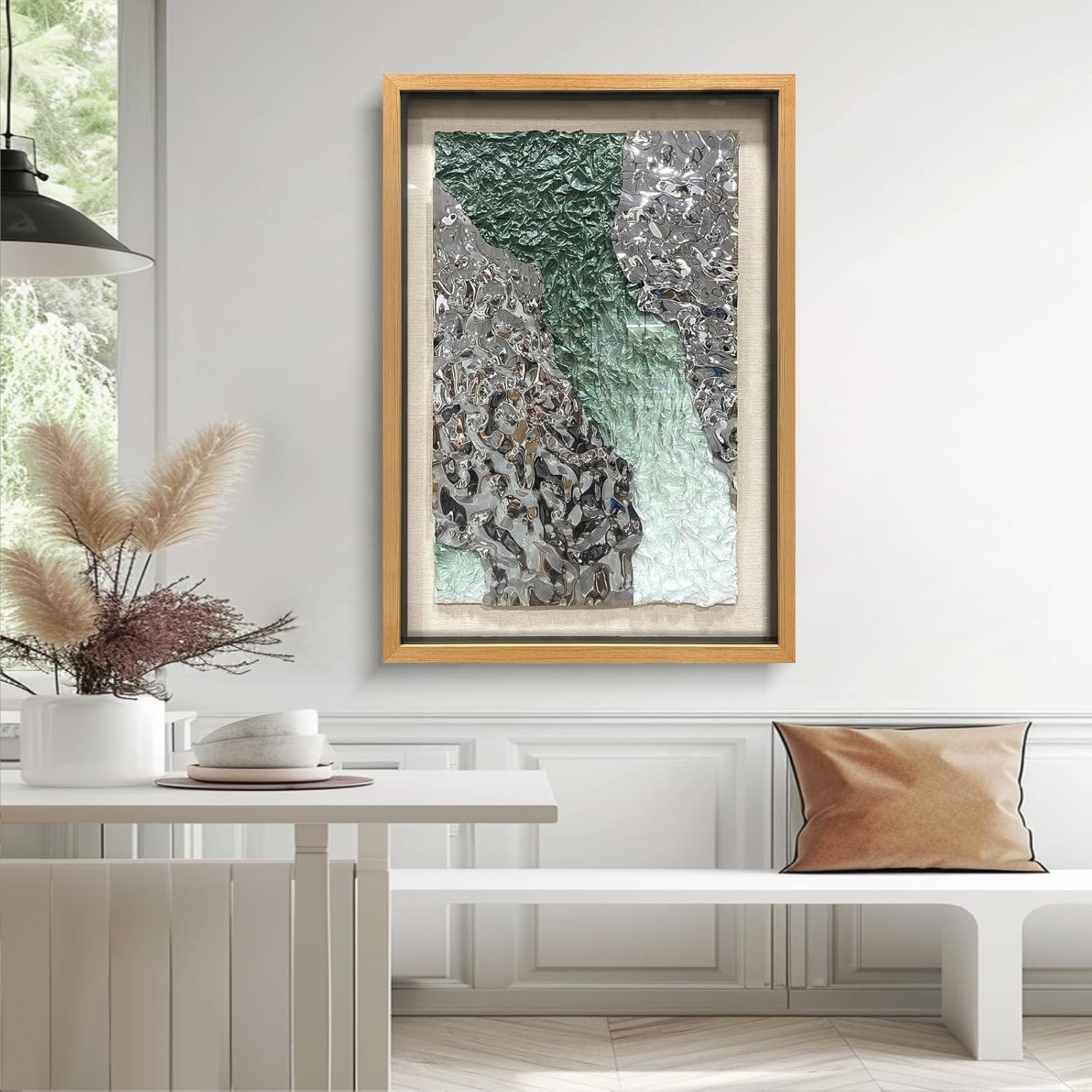 LIUZEYUE - Handmade Original Wall Art - Solid Wood Frame, Linen Hand - painted, Paper Crafts, Stainless Steel Combined Wall Hangings for Wall Decoration 27.6"x39.4"