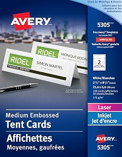 Avery Medium Tent Cards for Laser and Inkjet Printers, 2.5" x 8.5", White, Matte Coated, 100 Pack (5305)