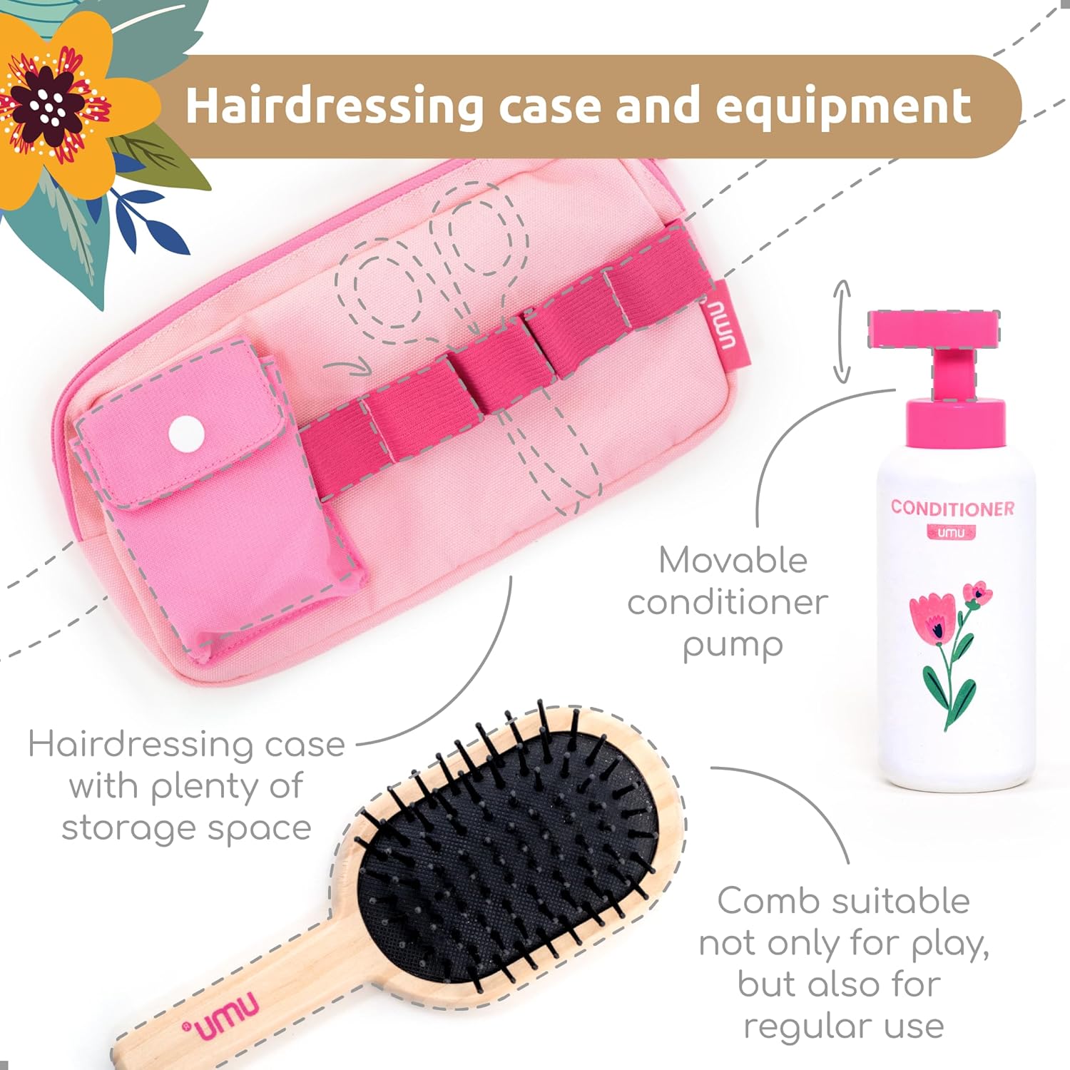 UMU® Wooden Hair Salon Playset – 17 Pcs Pretend Hairdressing Toy with Hair Dryer Straightener Mirror Comb & Accessories – Little Woman Design Beauty Role Play Toy for Girls Ages 3 4 5 6