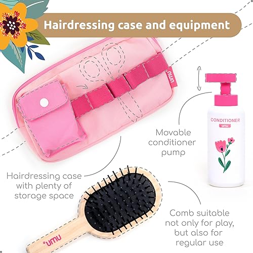Miniatura 4 de UMU Juego de peluquería de madera – 17 piezas de juguete de peluquería con secador de pelo, alisador, peine de espejo y accesorios – Diseño de mujer