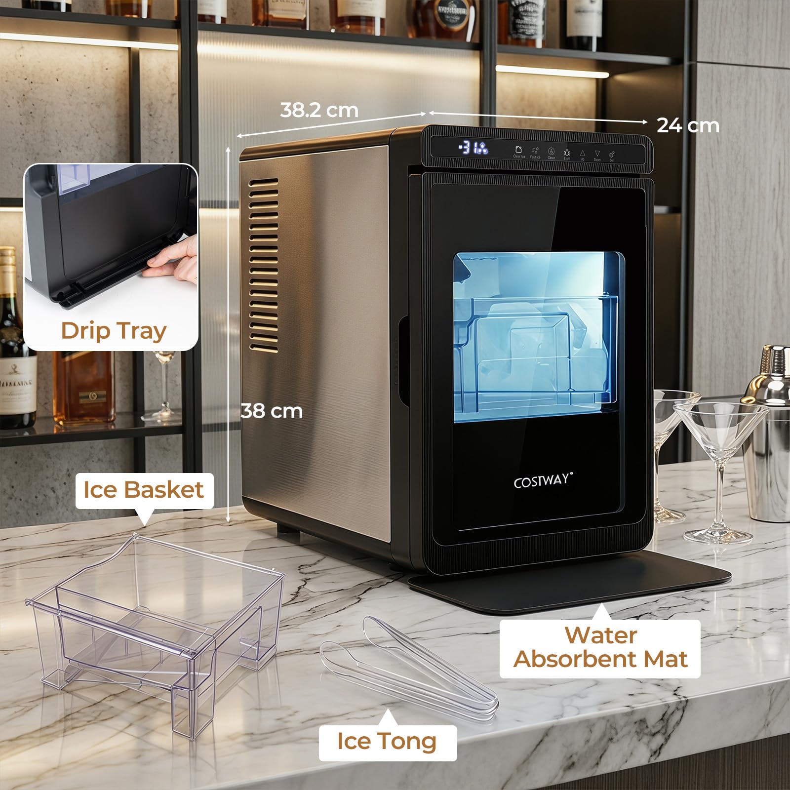COSTWAY Máquina de Hielo de Sobremesa, 9,7 kg/Día, 3 Cubitos en 20 Minutos | Cubos Extragrandes 4 cm, Maquina de Hacer Hielo, Fusión Lenta y Autolimpieza, Grosor Ajustable para Whisky Cócteles Bourbon