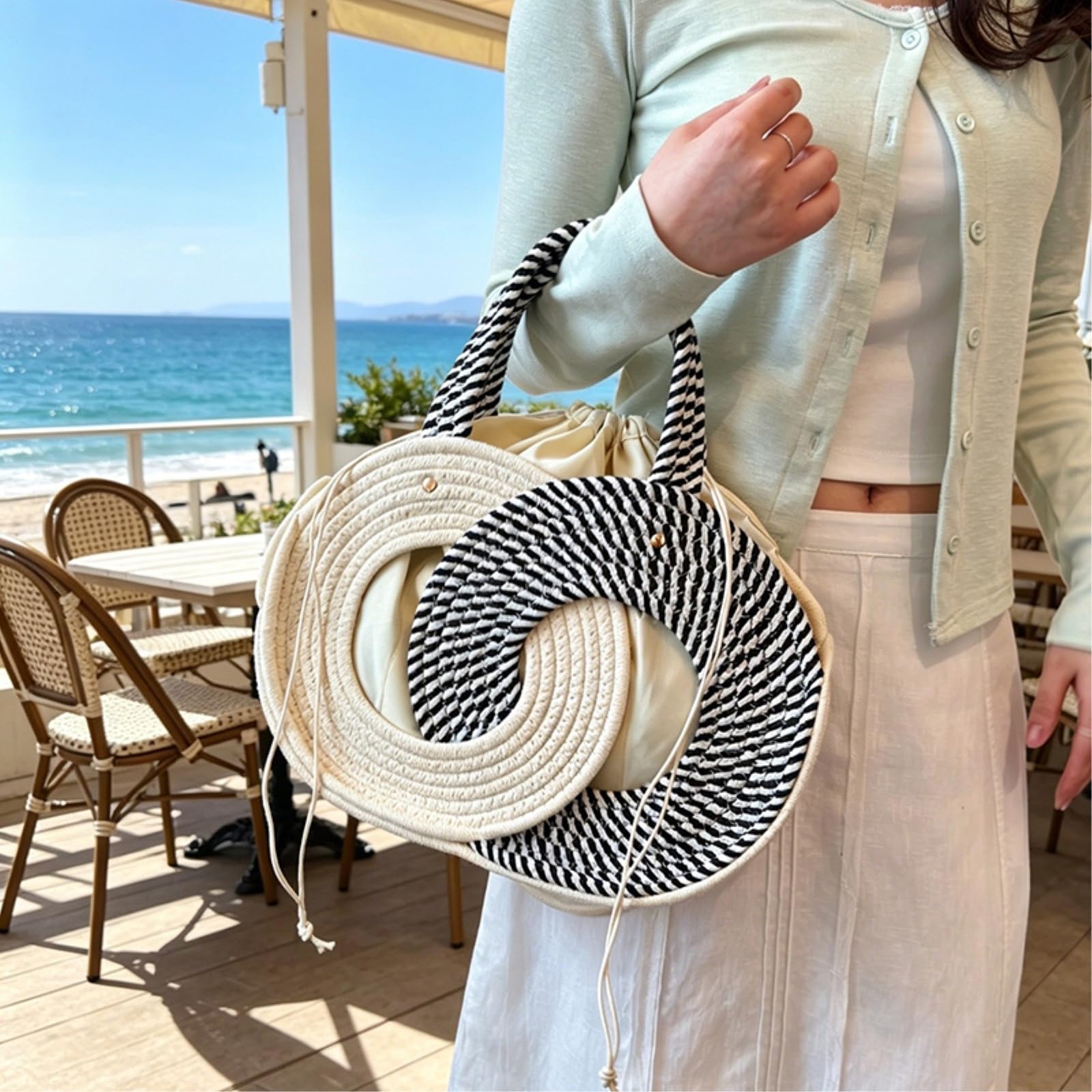 Borsa Spalla Paglia Rotondo Cavo Crossbody 2-Way Trasportare A Mano Tessuto Secchio Cordone Fodera Estate Mini Spalla-Khaki