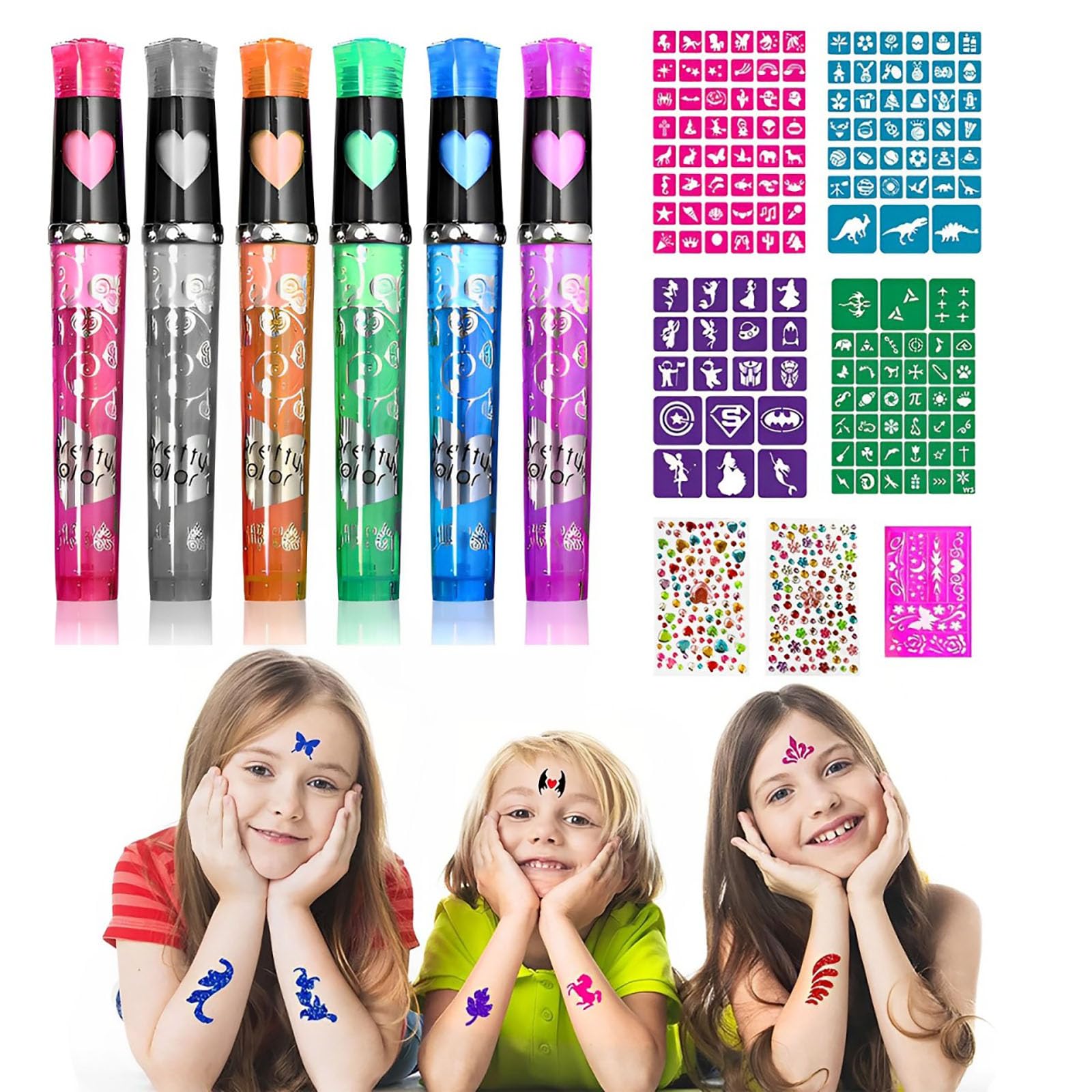 Rotuladores Purpurina Tatuajes, 6 Piezas Rotuladores Tatuajes Temporales Niños con 5 Tatuajes Plantilla y 2 Pegatinas de Piedras Preciosas, Kit de Tatuajes Temporales para Fiesta Halloween Navidad