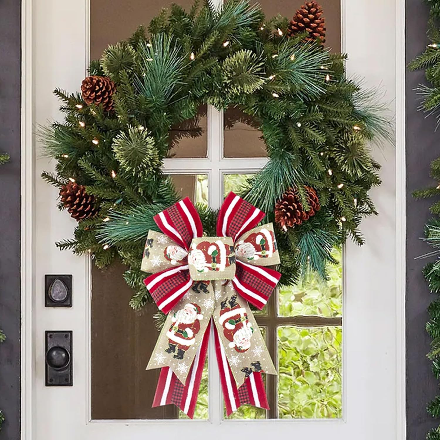 2 Pack Christmas Wreath Bows Christmas Decor Bow Red Santa Stripes Buffalo Plaid Ribbon Bow for Wreath, New Year Tree Topper Bows for Xmas Party Decor Indoor Outdoor Ornament Supplies - Image 5