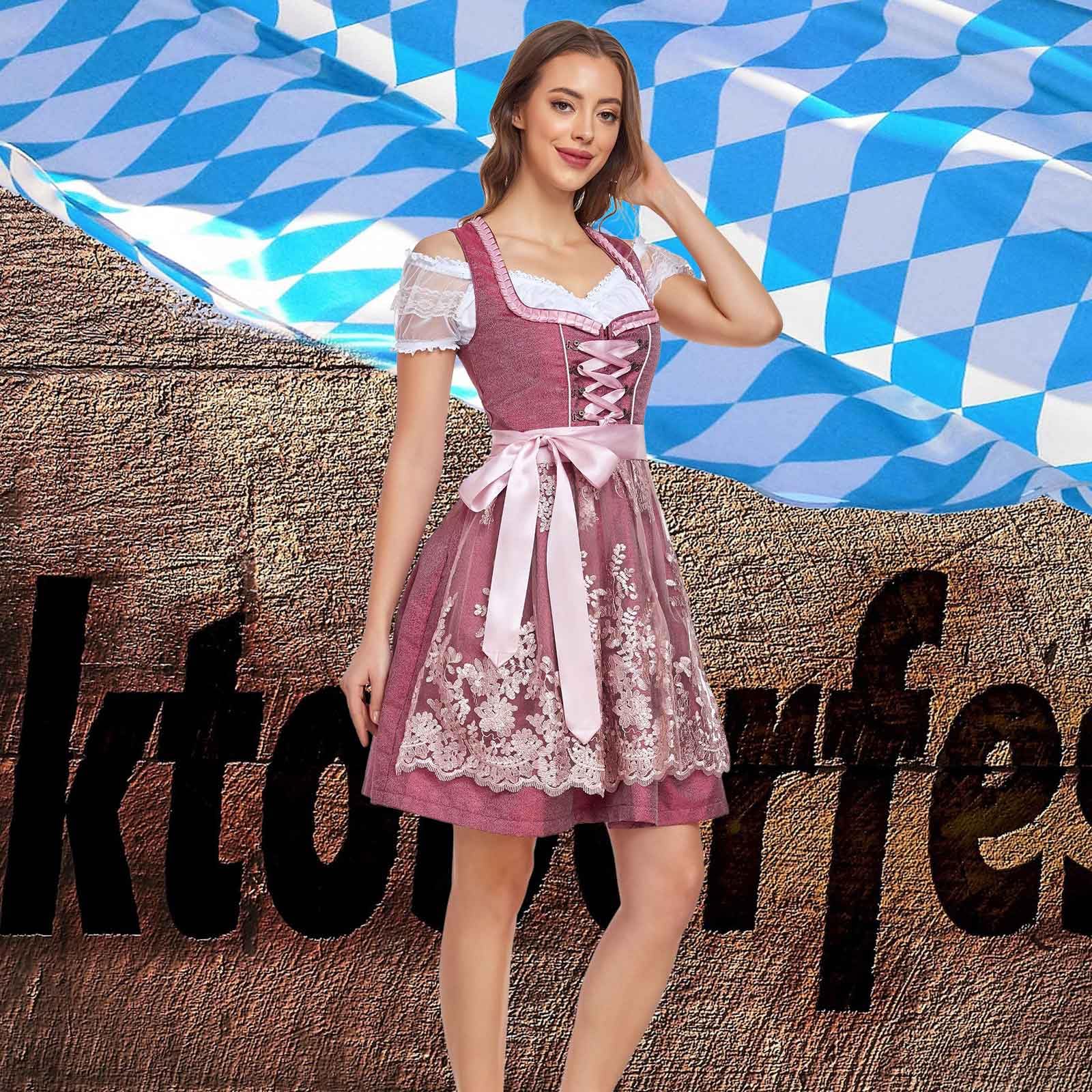 Jecarden Dirndl Damen Midi Dirndl für Damen Weinrot Trachtenkleid mit Dirndlbluse Trachtenmode Trachtenrock Kleid 3 Teilig für Oktoberfest Besondere Anlässe (34-50)