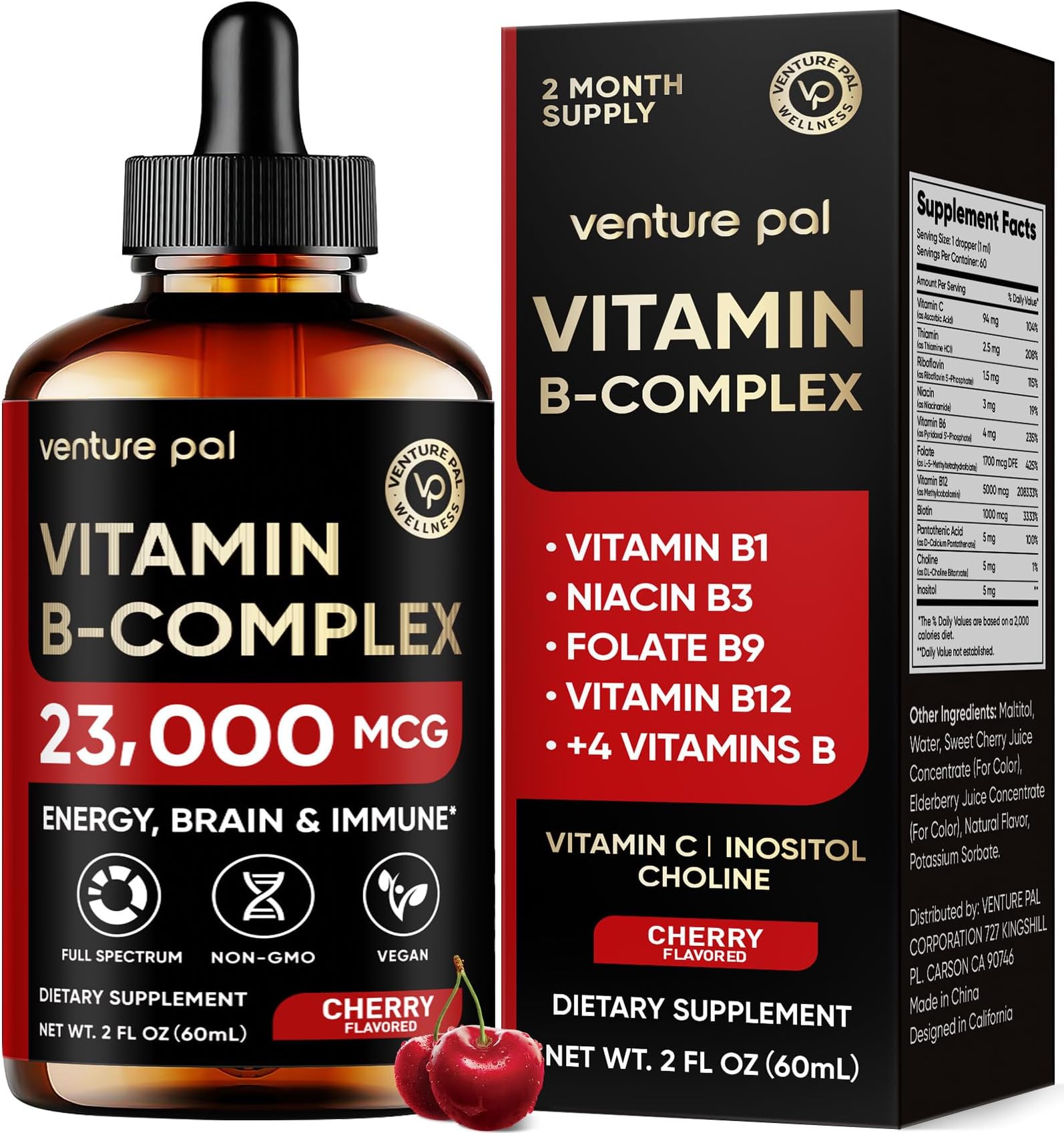 Venture Pal Vitamin B Complex Liquid Drops, B12 Methylcobalamin | B9 Folic | B1,B2,B3,B5,B6,B7 - Vitamin C, Choline, Inositol, Immune & Energy Metabolism, Brain & Heart Support