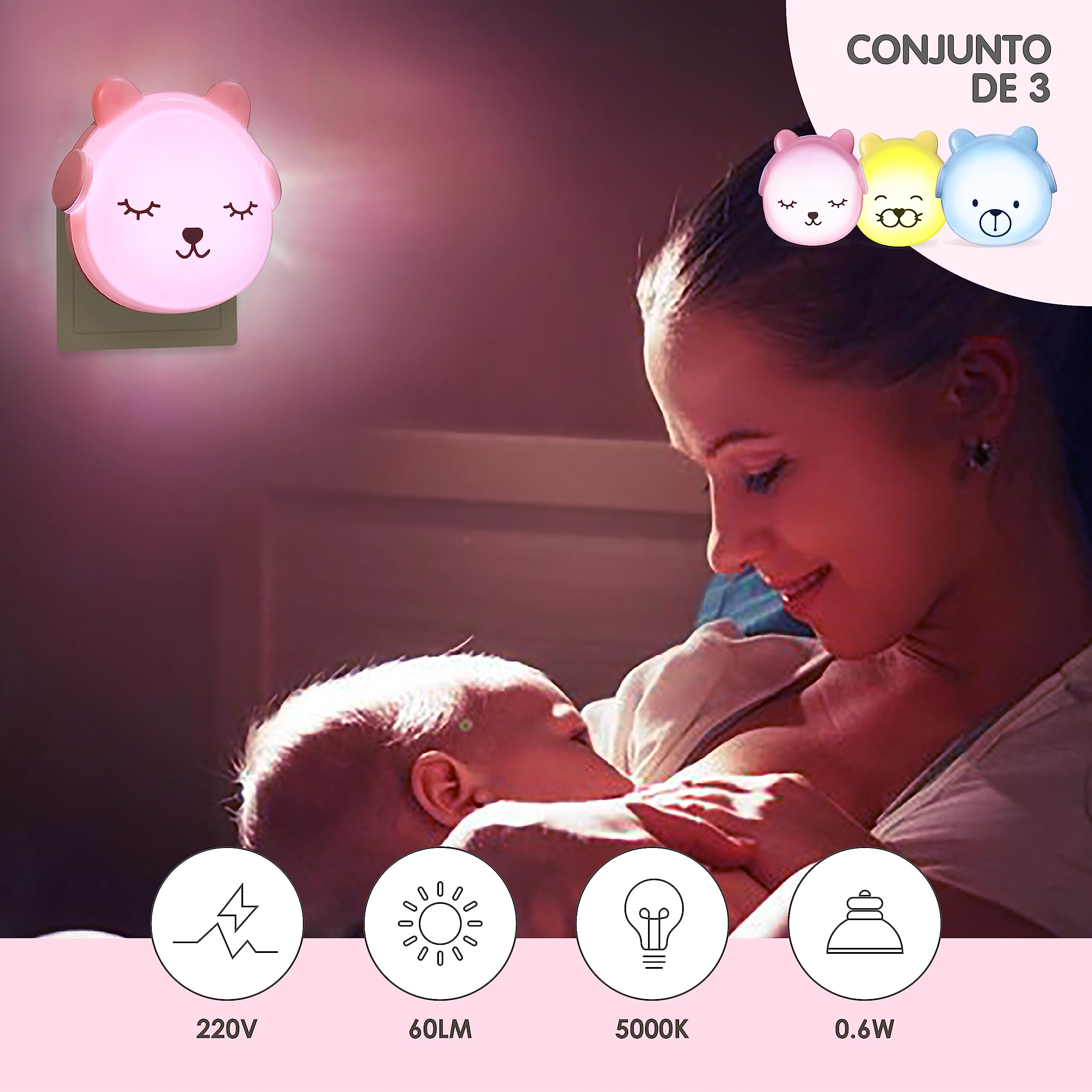 BRUNOKO Set 3 Ositos - Luz Nocturna Infantil con Sensor - quitamiedos Pared - Ideal para Habitación, Pasillos y Baño - Suave Luz de Noche para Niños - Fácil de Usar con Enchufe