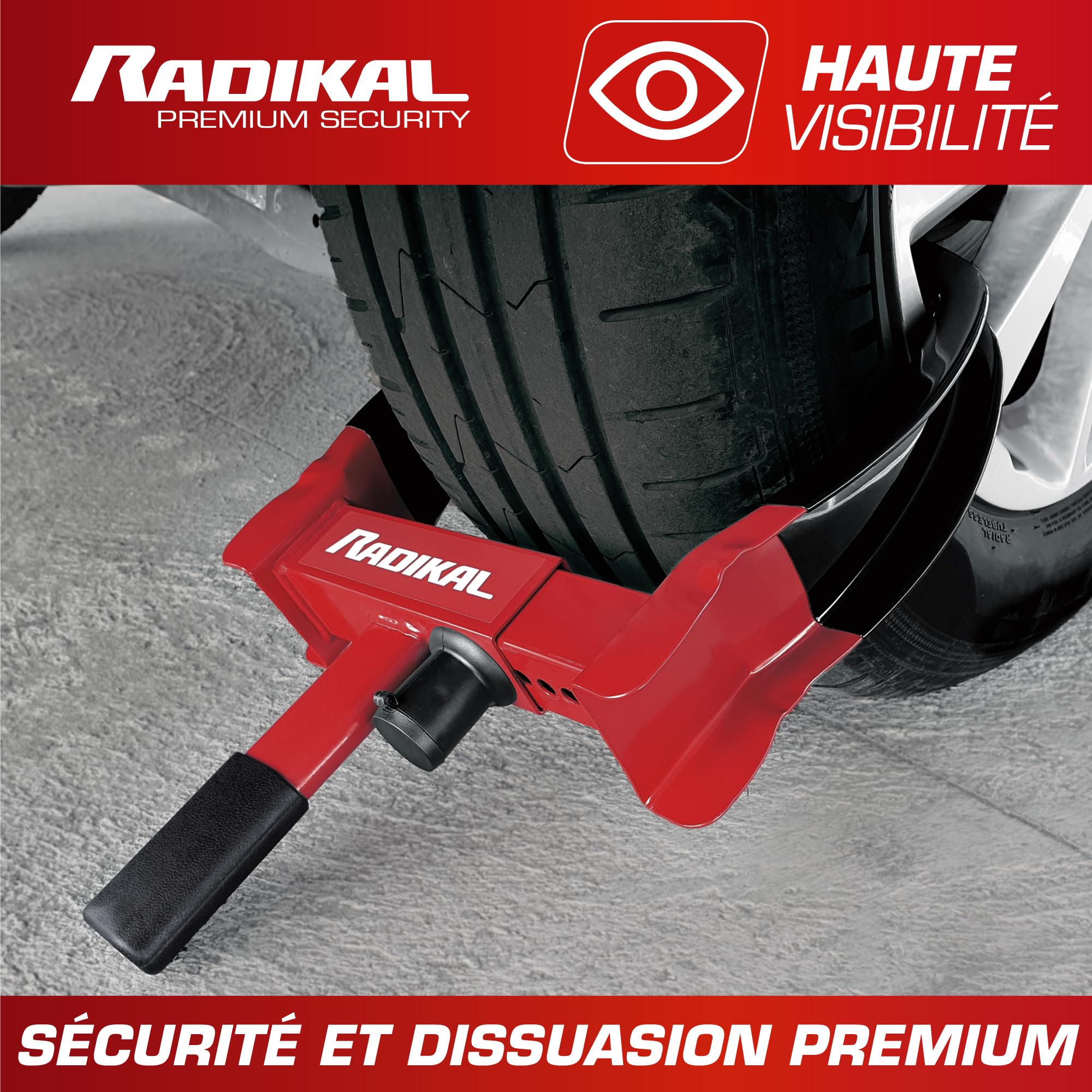 RADIKAL RK1001 Antivol Voiture Sabot Roue Premium, Antivol Remorque Bloque Roue, Serrure Anti-Perçage, Robuste Griffe de Pneu Sécurité Antidémarrage, Réglable 18-29 Universel Auto Camping Car Caravane