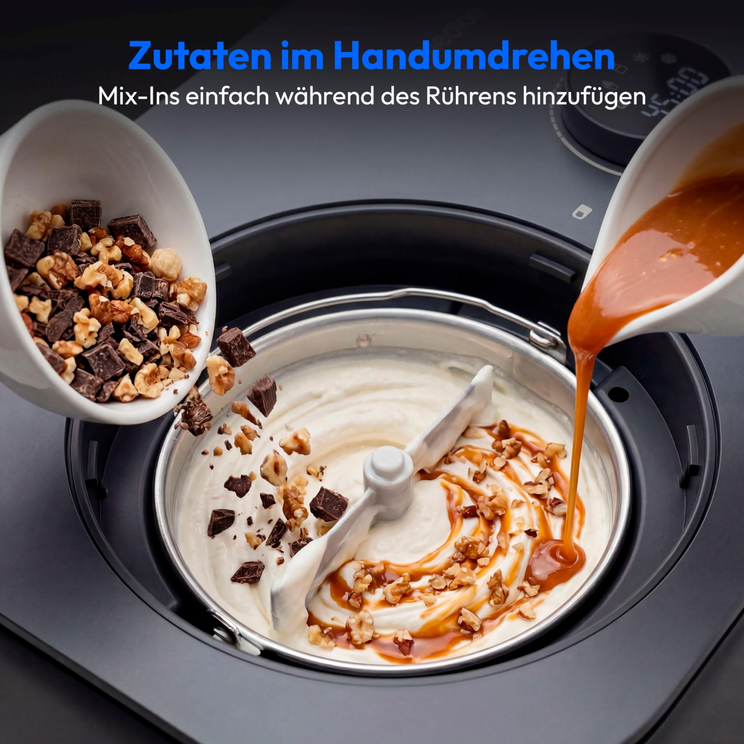 MEDION Eismaschine, Kapazität für 1 L Eis, kein Vorkühlen notwendig, LED-Display mit Sensor-Touch, entnehmbarer Aluminium-Eisbehälter, geeignet für die Zubereitung von Eiscreme, Joghurt und Slush Eis