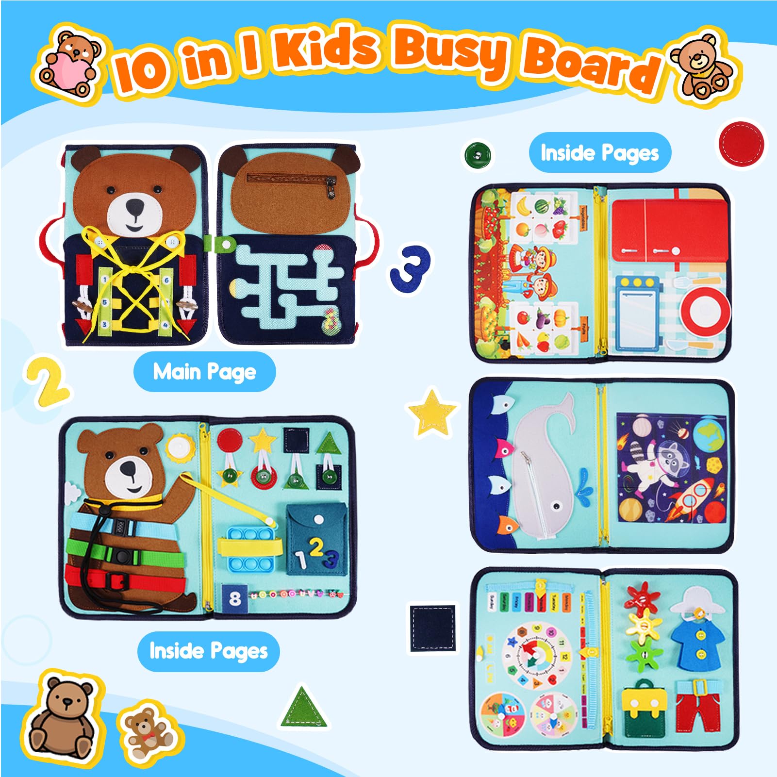 HappyKidsClub Busy Board, Giochi Montessori 1 2 3 4 Anni Regalo Bambino 1-4 Anni Giochi Bambini 1 2 3 4 Anni Pannello Sensoriale Bambini Montessori 1 2 3 Anni Busy Book