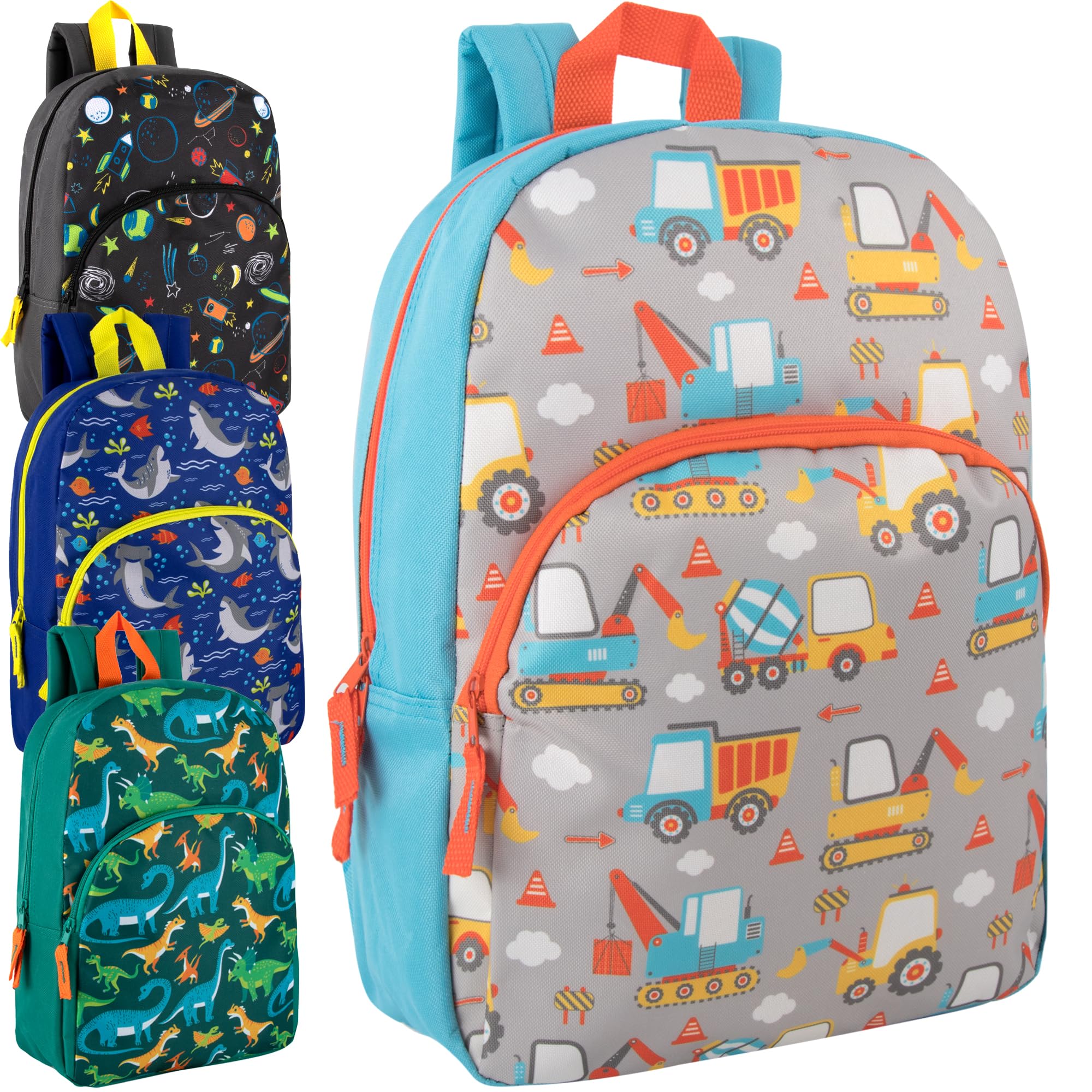 Trail maker Wholesale Kids Backpacks for Boys, Girls Bulk Backpacks 24 Pack with Fun Patterns, Adjustable Padded Straps