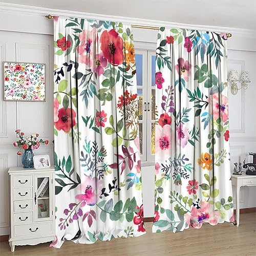 Miniatura 491 de Retro 70s Floral Blackout Window Curtains, Watercolor Flower Plant Rustic Modern Style Pattern Window Drapes, for Bedroom Living Room 42x45in 2