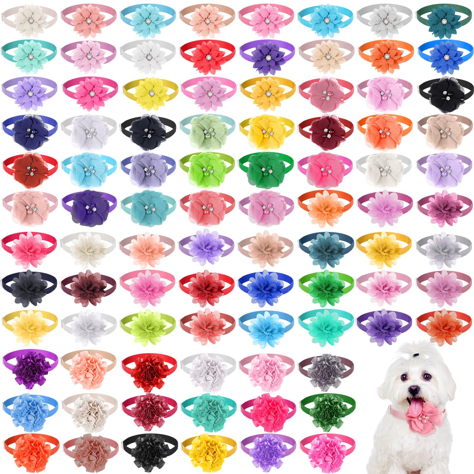 Reginary 100 collares de perro con flores a granel, collares para mascotas, collares florales para gatos, collares ajustables de nailon multicolor para mascotas pequeñas