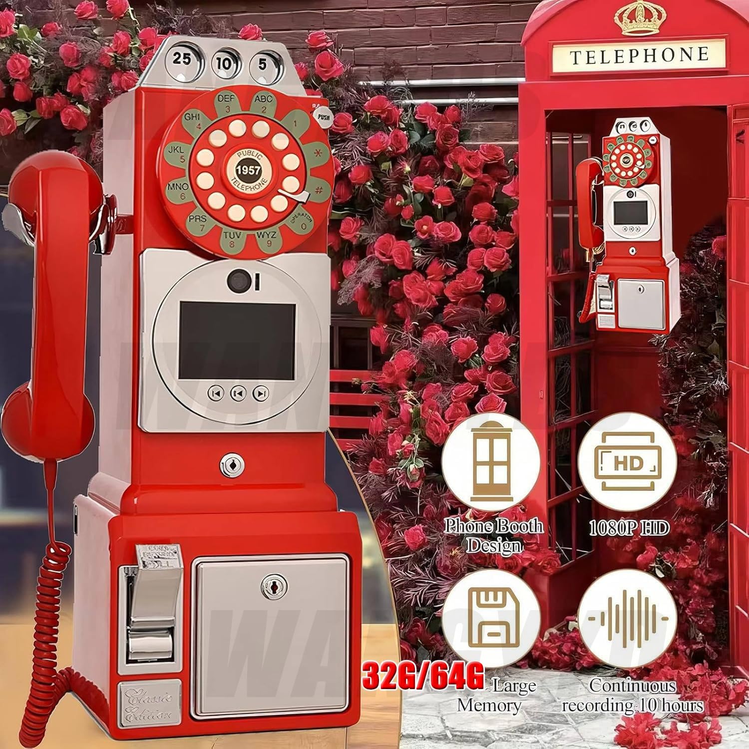 32g 64g Nuovo Audio Video Guestbook Phone Booth Registratore per Matrimoni - Modello Di Cabina Telefonica Retrò - Un'ottima Aggiunta a Qualsiasi Occasione Speciale - 1080p Wedding Guestbook,64G-White