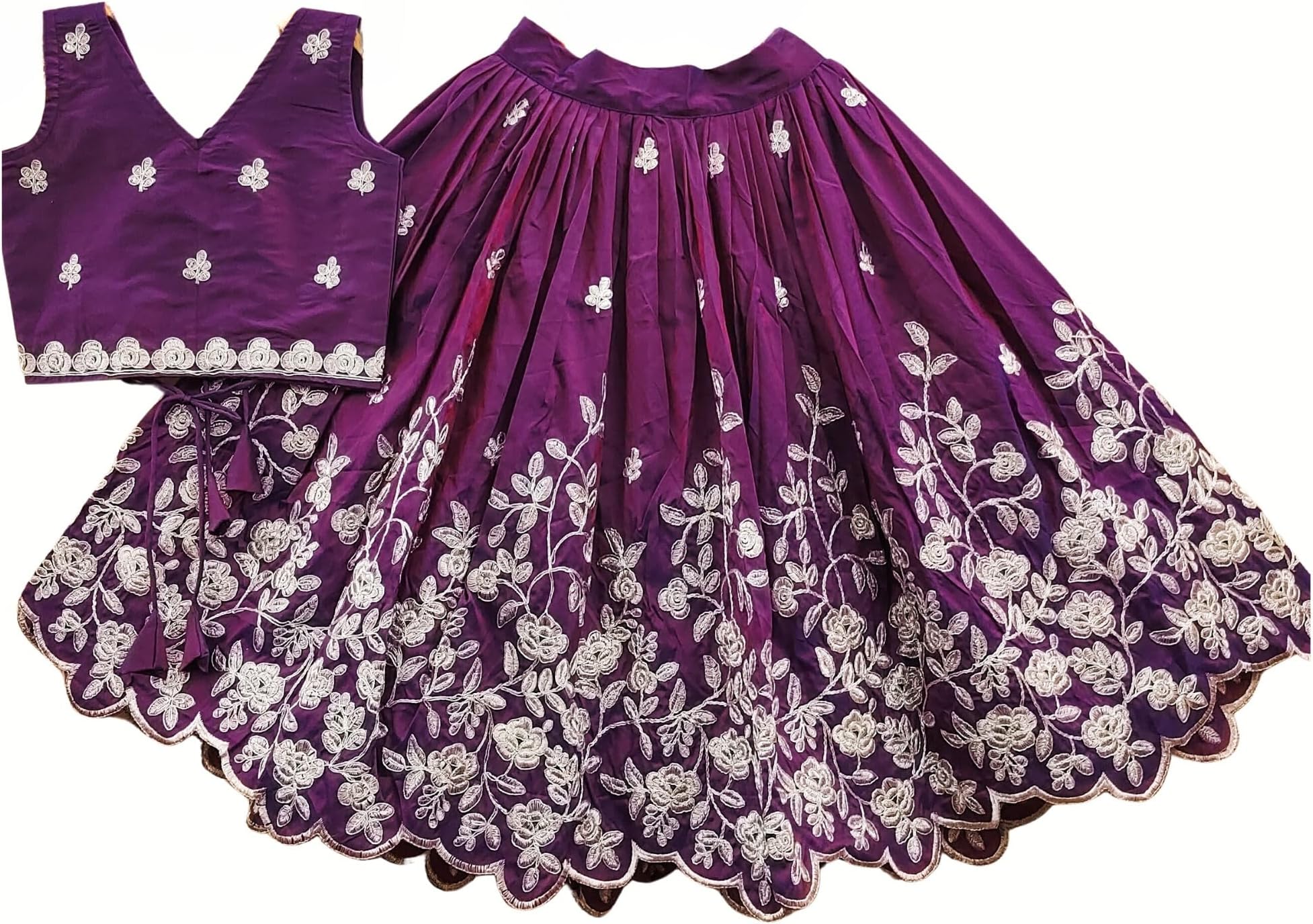 RJ ONLINEGirls Readymade Crop Top With Lehenga - Taffeta Silk Embroidered Lehenga Choli - Perfect for Ethnic, Party & Wedding - Traditional Dress (PURPAL, 6 TO 7 YEARS)
