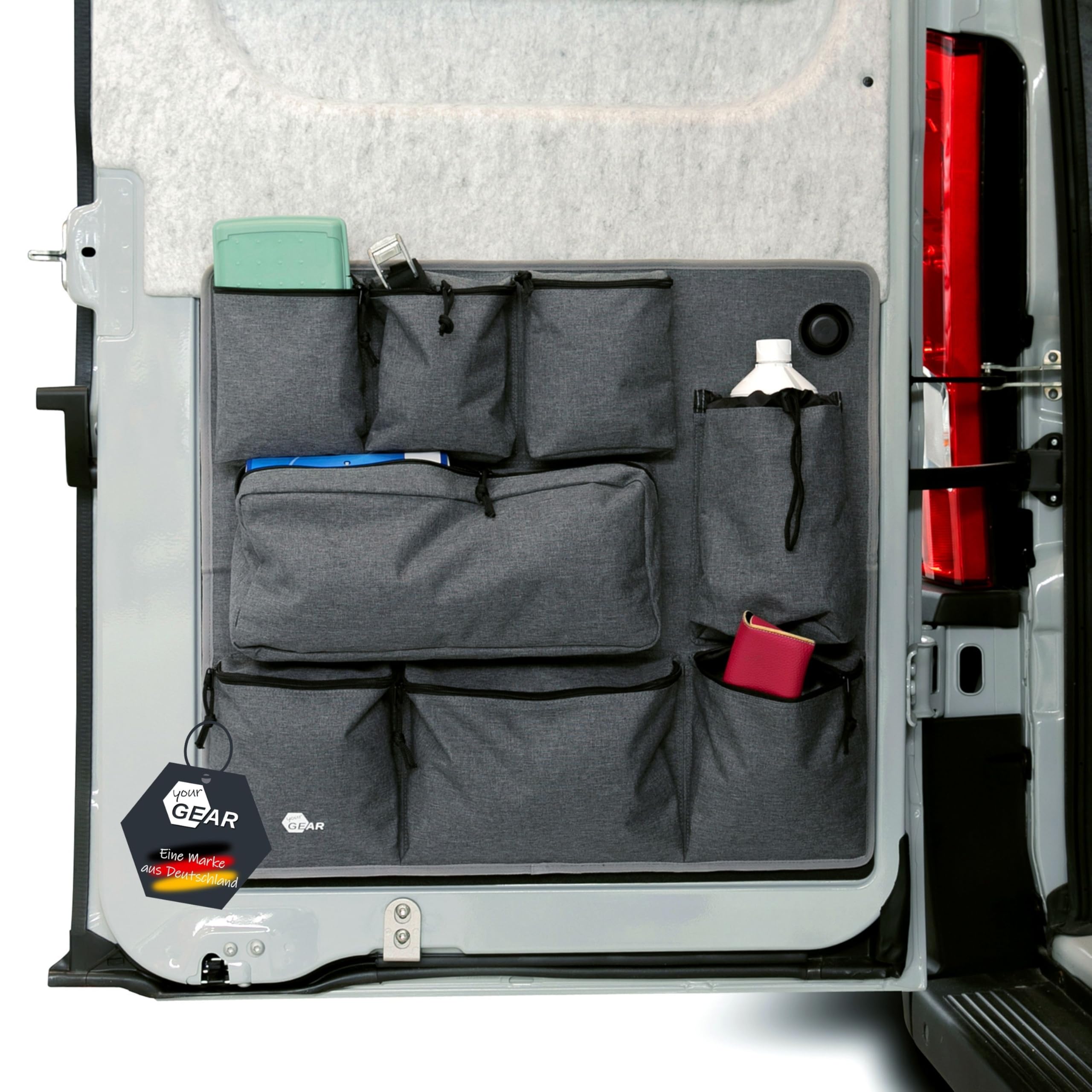 your GEAR Ortles L Organizador para puerta trasera izquierda de furgoneta – Bolsa de almacenamiento para autocaravana con 7 bolsillos con cremallera y portabotellas – Bolsa de utencilios de camping