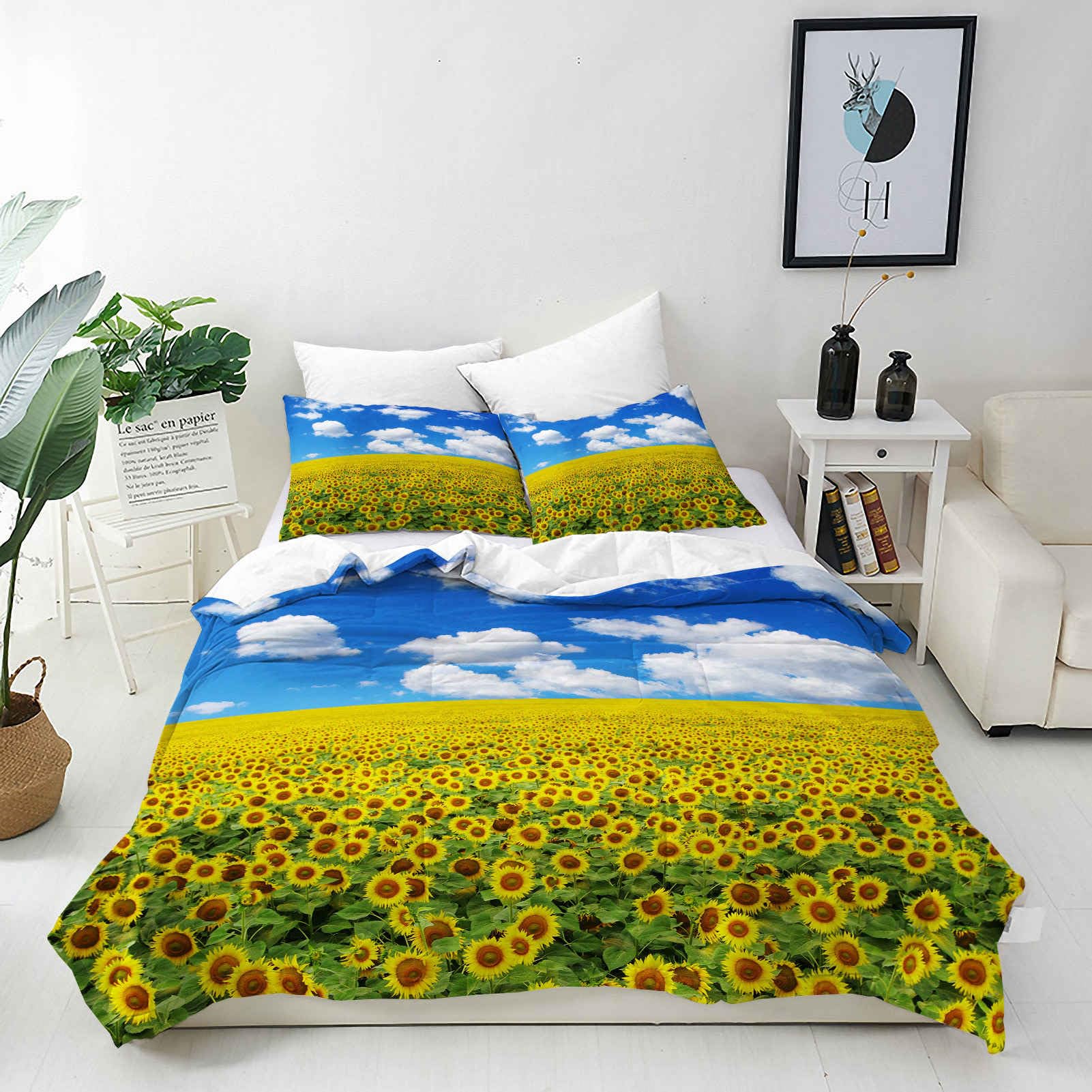 ANHOPE Custom Duvet Cover & Pillowcase Customized Size Bedding Set with Blue Sky Yellow Sunflower Field Printed Pattern Personalised Quilt Cover for All Season