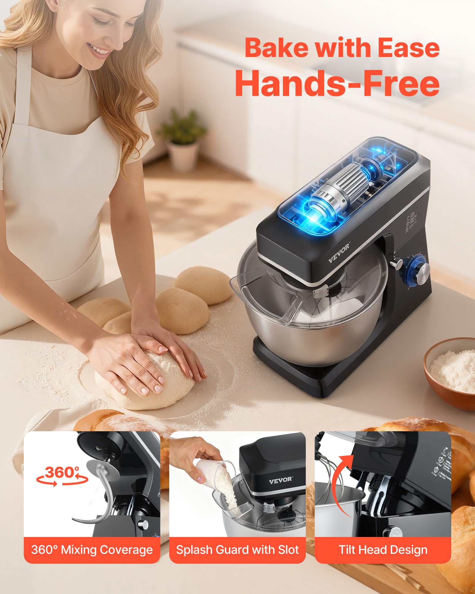 VEVOR Robot kuchenny, mikser do ciasta, 1400 W, 7,84 l, robot kuchenny z uchylną głowicą, miska ze stali nierdzewnej, hak do zagniatania, trzepaczka, skrobak, domowy robot kuchenny do pieczenia i
