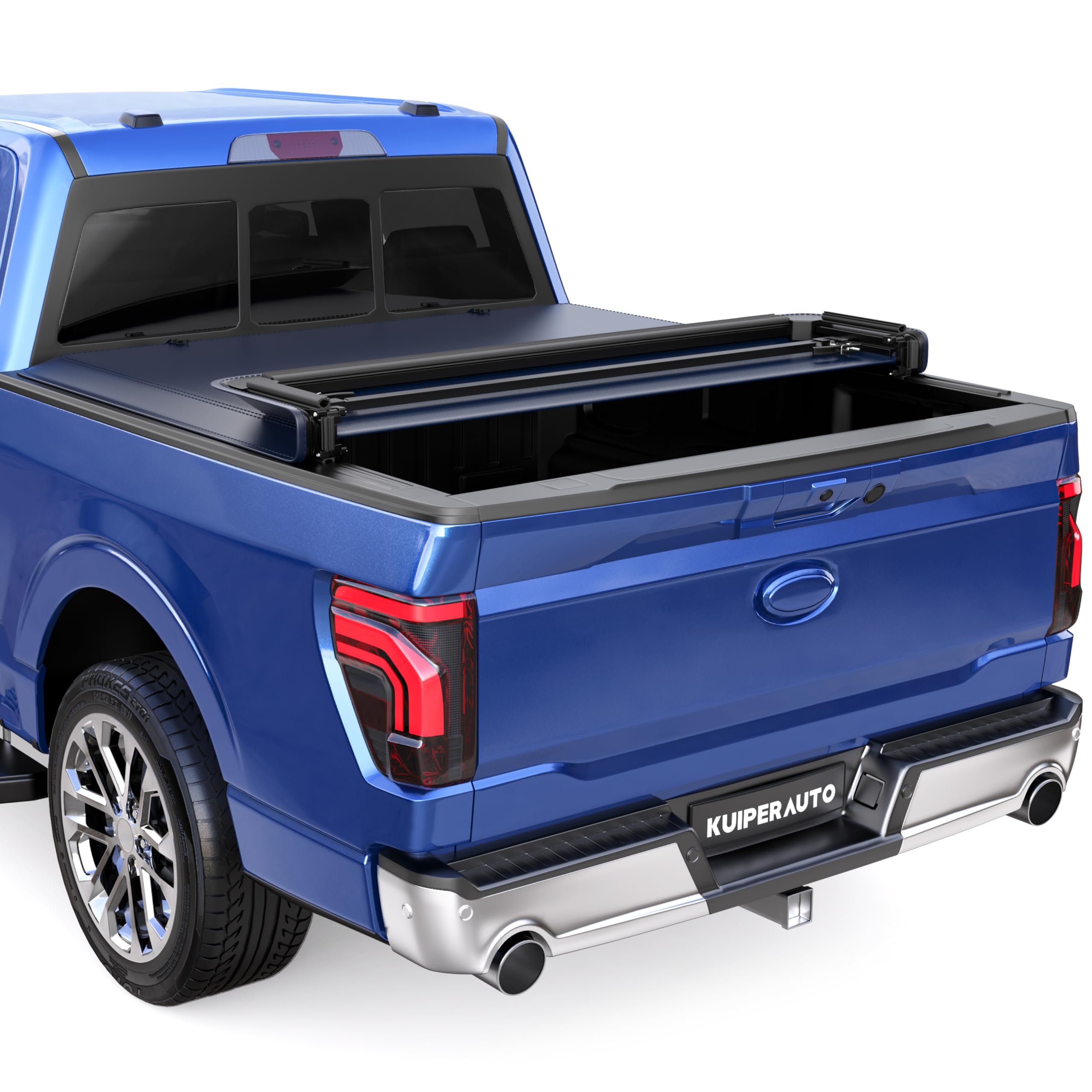 KUIPERAUTOQuad 4-Fold 6.5 FT Soft Folding Truck Bed Tonneau Cover Compatible with 2015-2024 Ford F150 F-150 Bed Fourth Fold Styleside Truck Bed Cover Navy Blue Design