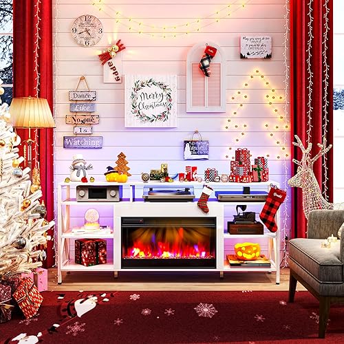 Miniatura 12 de TC-HOMENY Soporte de TV de 60 pulgadas con chimenea eléctrica de 27.5 pulgadas, consola de TV con regleta de alimentación para televisores de hasta