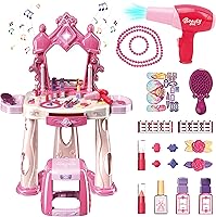 Vista 7 de Juego de mesa de maquillaje para niñas con taburete, puertas abiertas por gestos, juego de tocador para niños con luces y música, juego de salón