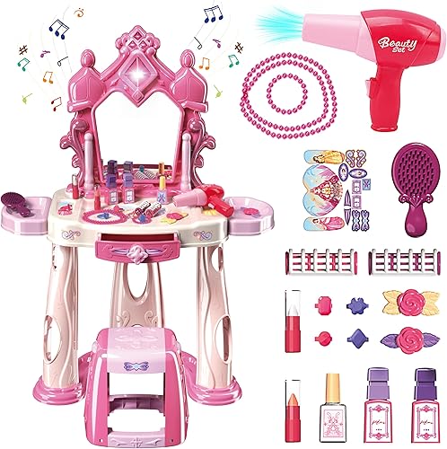 Juego de mesa de maquillaje para niñas con taburete, juego de tocador para niños con luces y música, juego de salón de belleza para niños pequeños